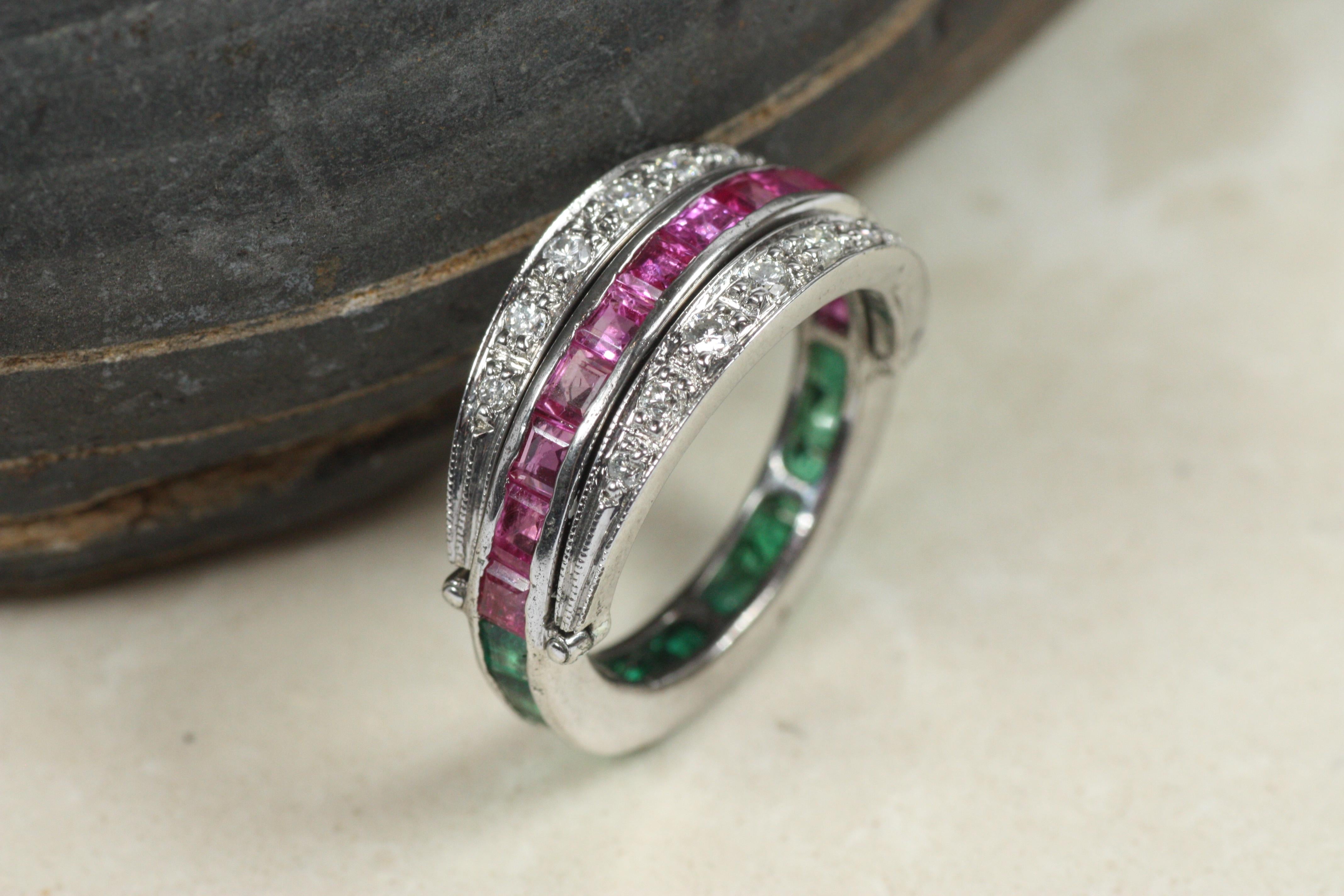 Antique Emerald Ruby Diamond Reversible Ring – 10K White Gold, c1930 For Sale 2