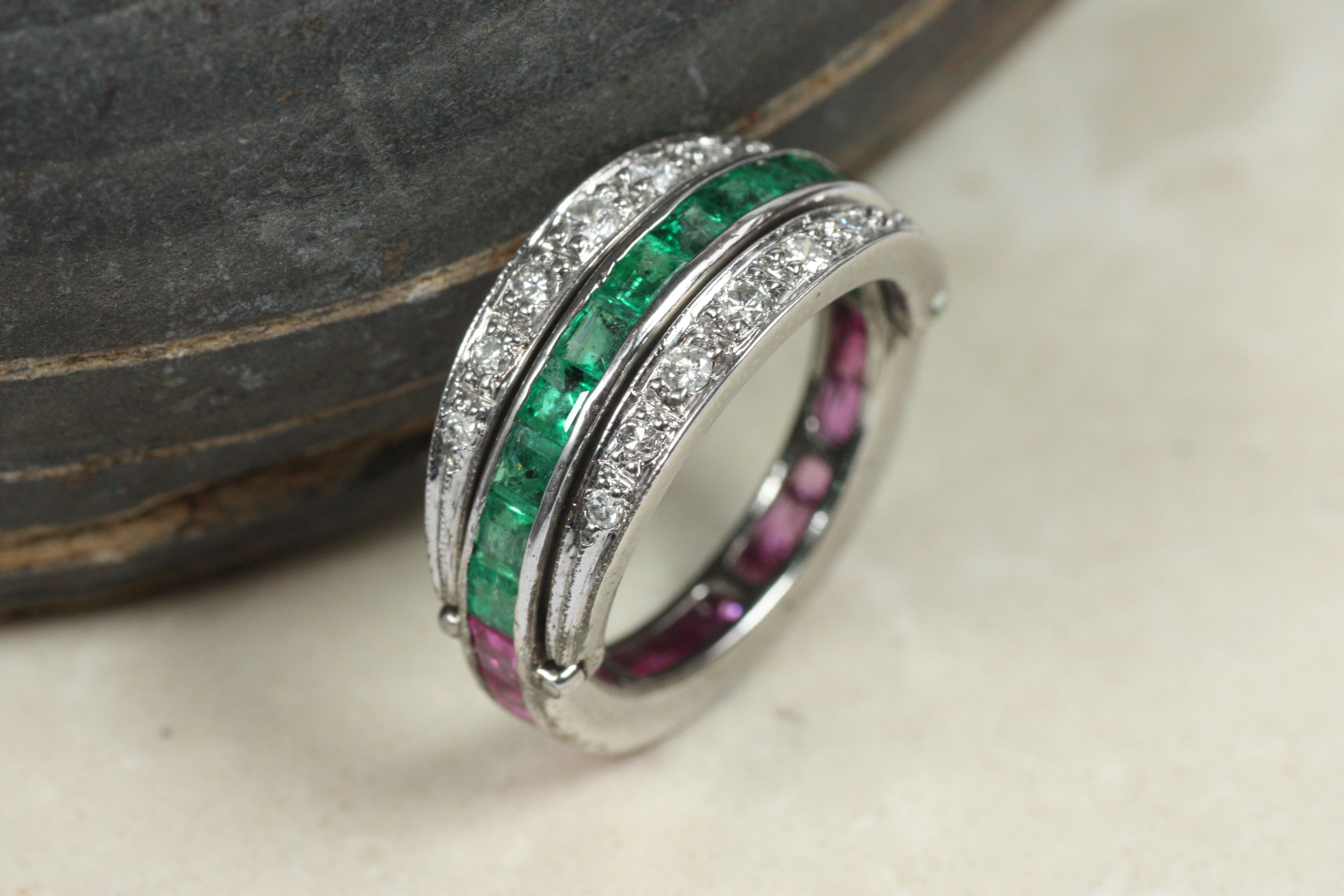 Antique Emerald Ruby Diamond Reversible Ring – 10K White Gold, c1930 For Sale 3