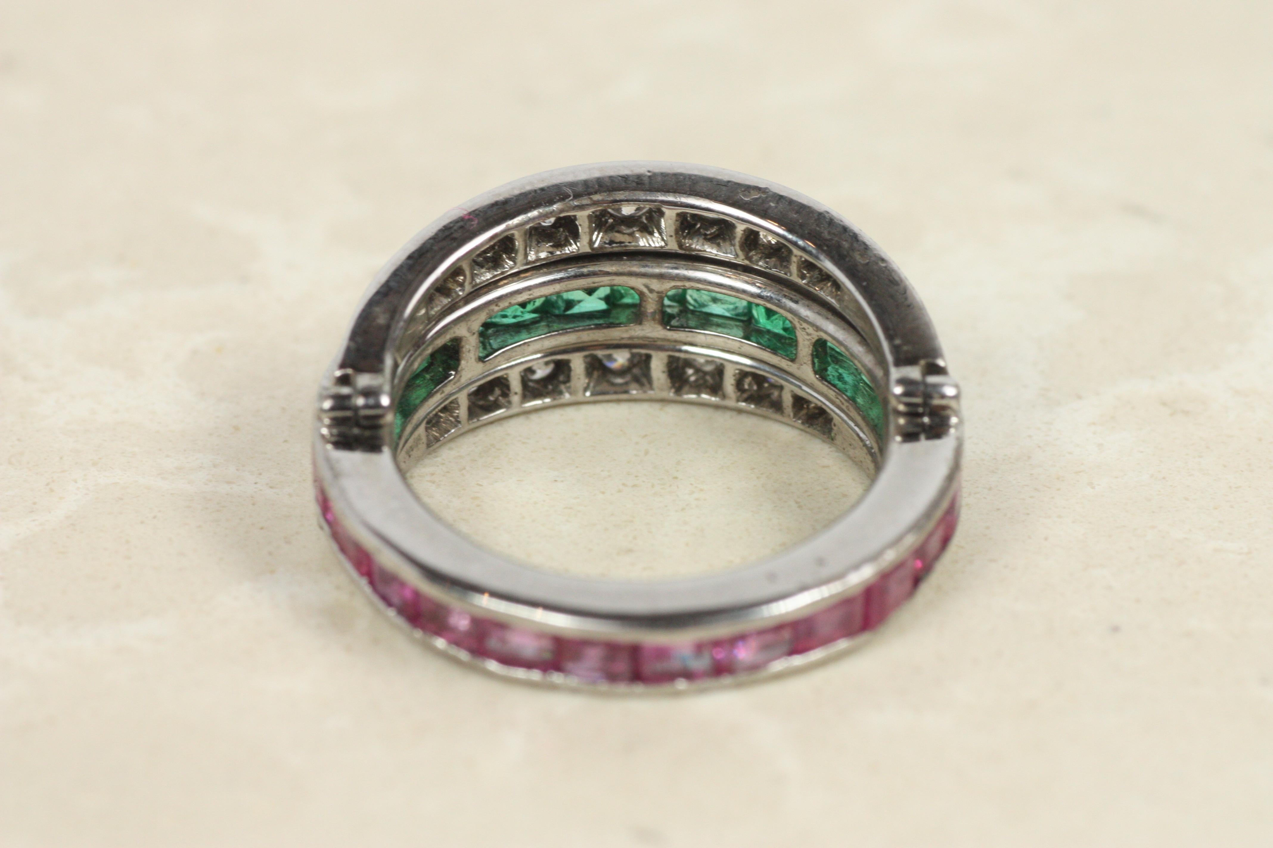 Antique Emerald Ruby Diamond Reversible Ring – 10K White Gold, c1930 For Sale 4