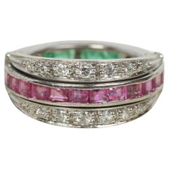 Antique Emerald Ruby Diamond Reversible Ring – 10K White Gold, c1930