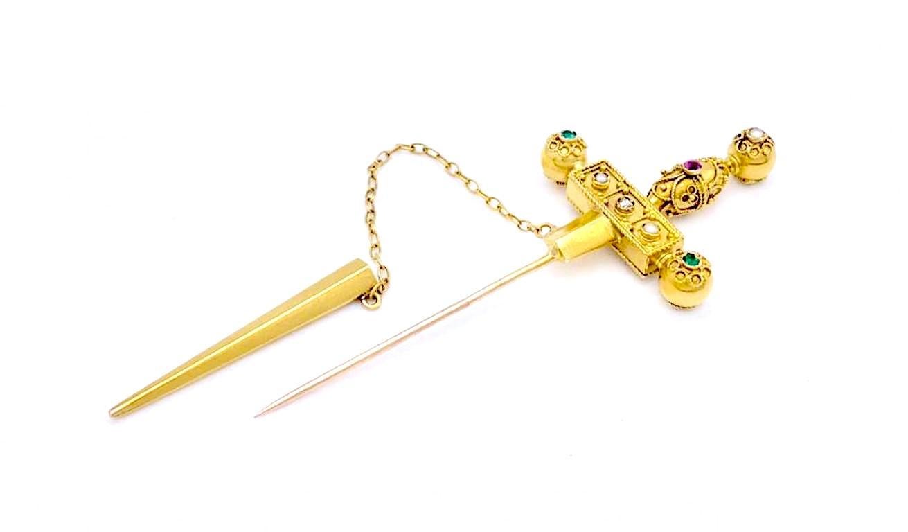 Victorian Antique Emerald Ruby Gold Archaeological Revival Dagger Jabbot Pin