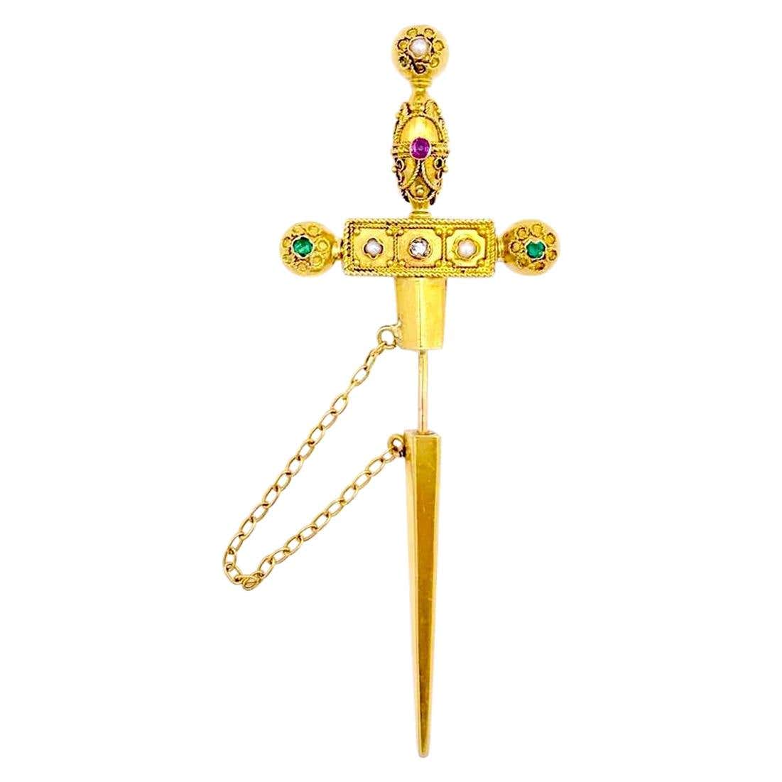 Antique Emerald Ruby Gold Archaeological Revival Dagger Jabbot Pin For ...