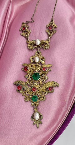 Antique Emerald Ruby Pearl Pendant Necklace Austro-Hungarian Renaissance Revival
