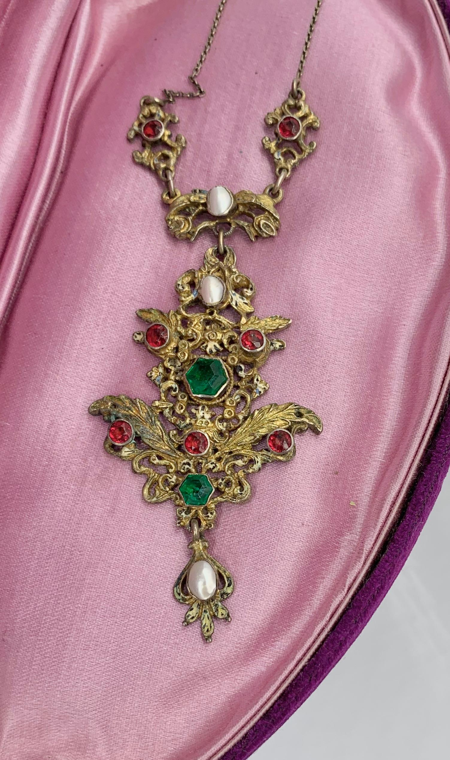Hexagon Cut Antique Emerald Ruby Pearl Pendant Necklace Austro-Hungarian Renaissance Revival For Sale