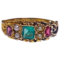 Antique Emerald Sapphire Pearl Gold Ring Birmingham, 1862