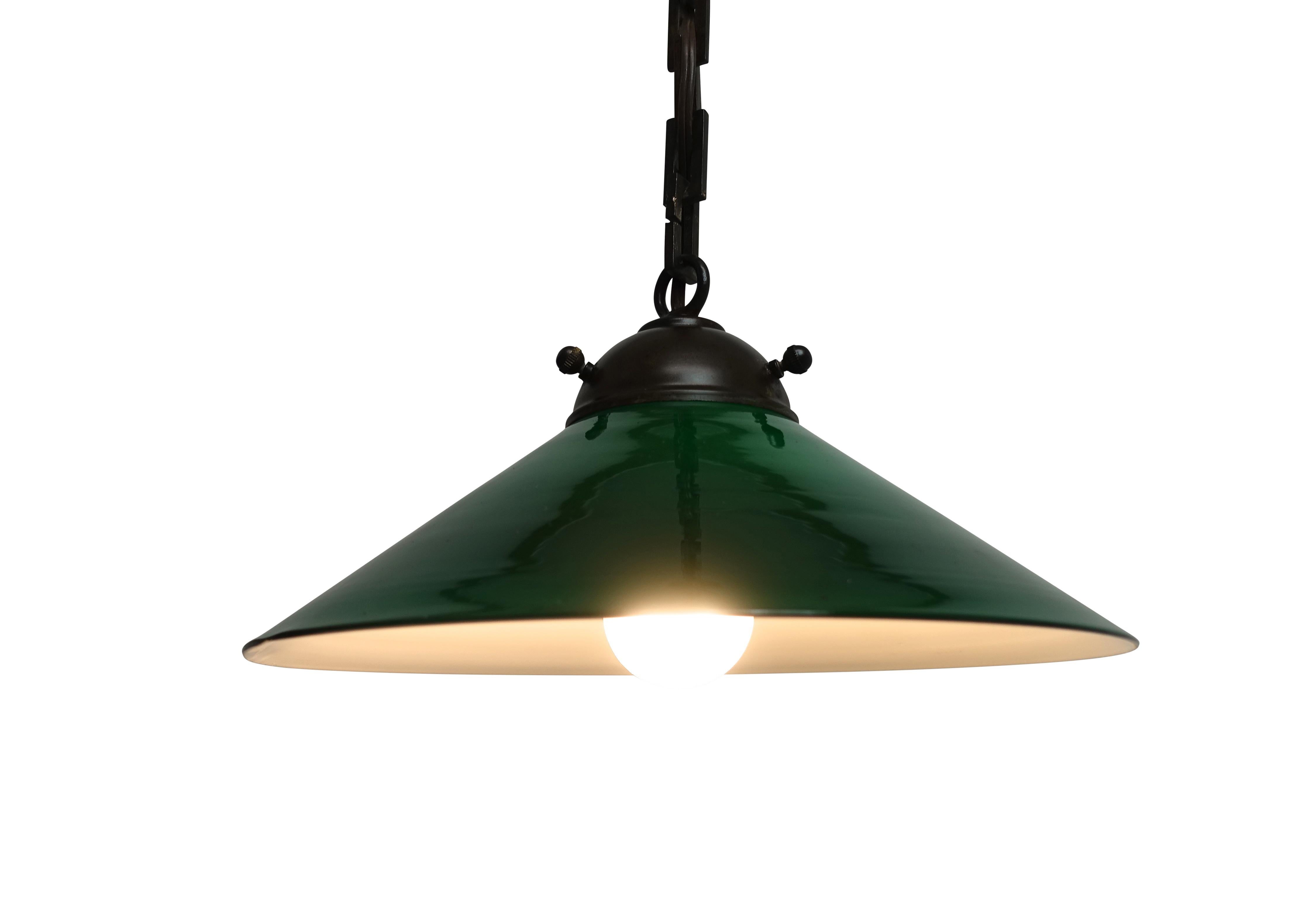 Antique Emeralite Green Encased Glass Pendant Hanging Light Fixture In Good Condition In San Francisco, CA