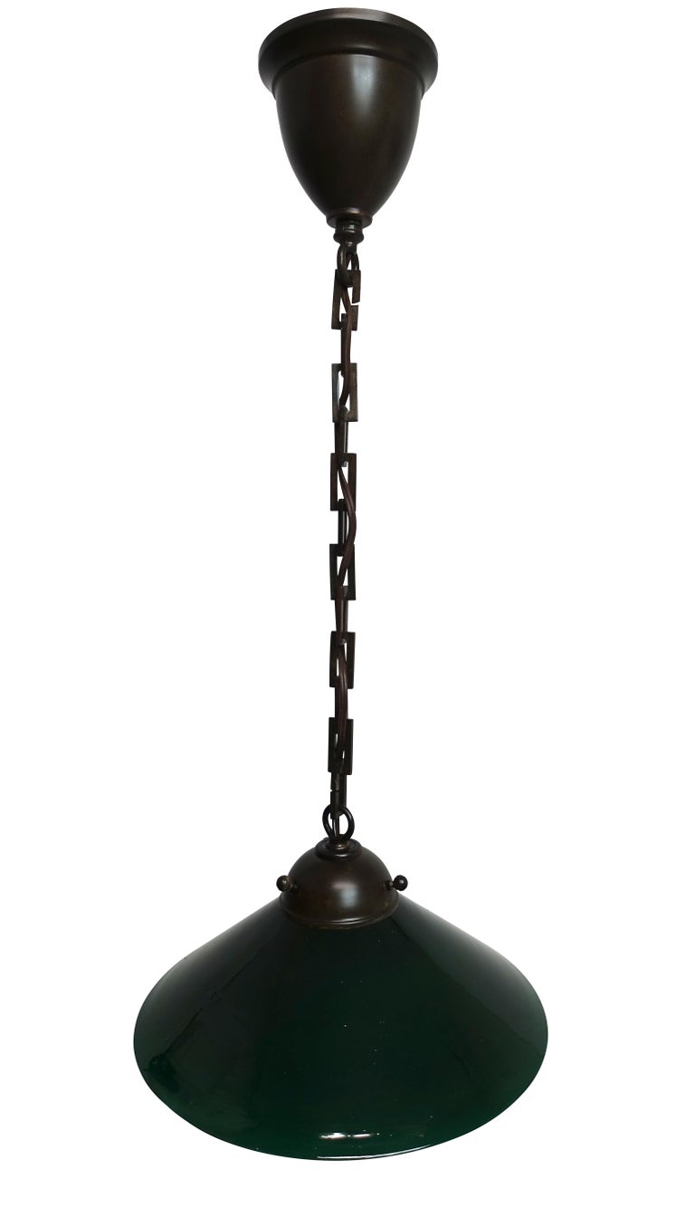 Antique Emeralite Green Encased Glass Pendant Hanging Light Fixture at