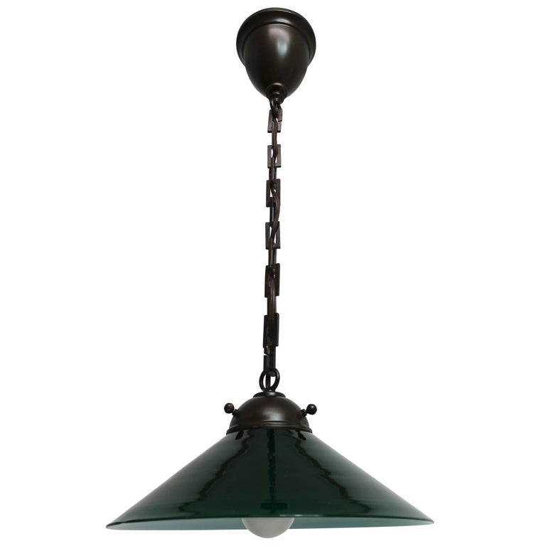 Antique Emeralite Green Encased Glass Pendant Hanging Light Fixture at