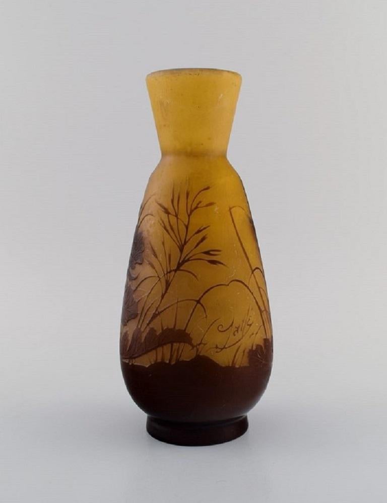 French Antique Emile Gallé Vase in Dark Yellow and Light Brown Art Glass For Sale