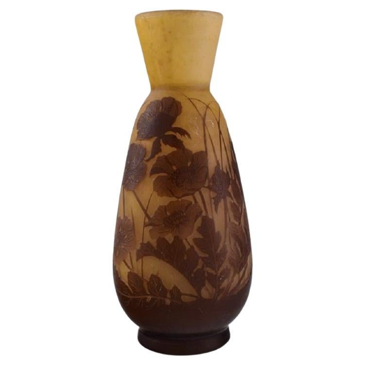 Antique Emile Gallé Vase in Dark Yellow and Light Brown Art Glass For Sale