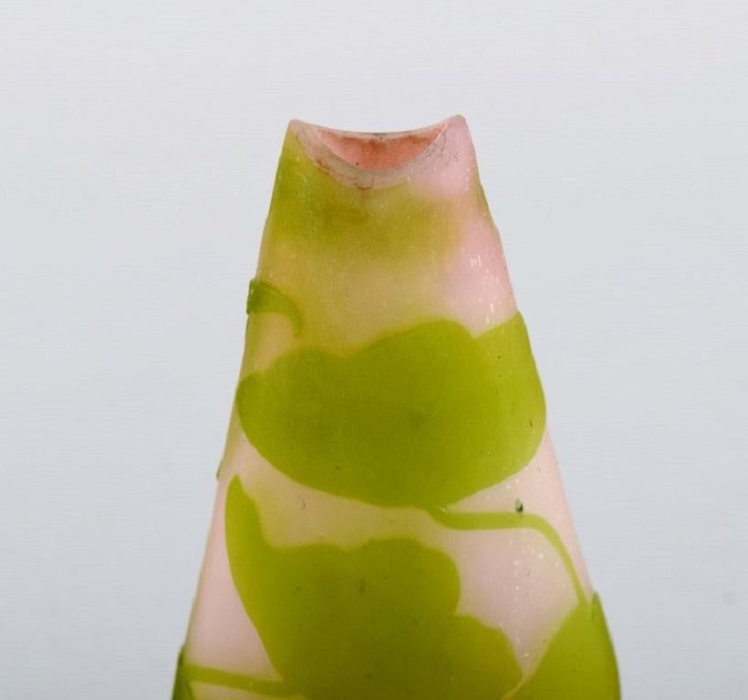 French Antique Emile Gallé vase in pink frosted and green art glass, Early 20th C.