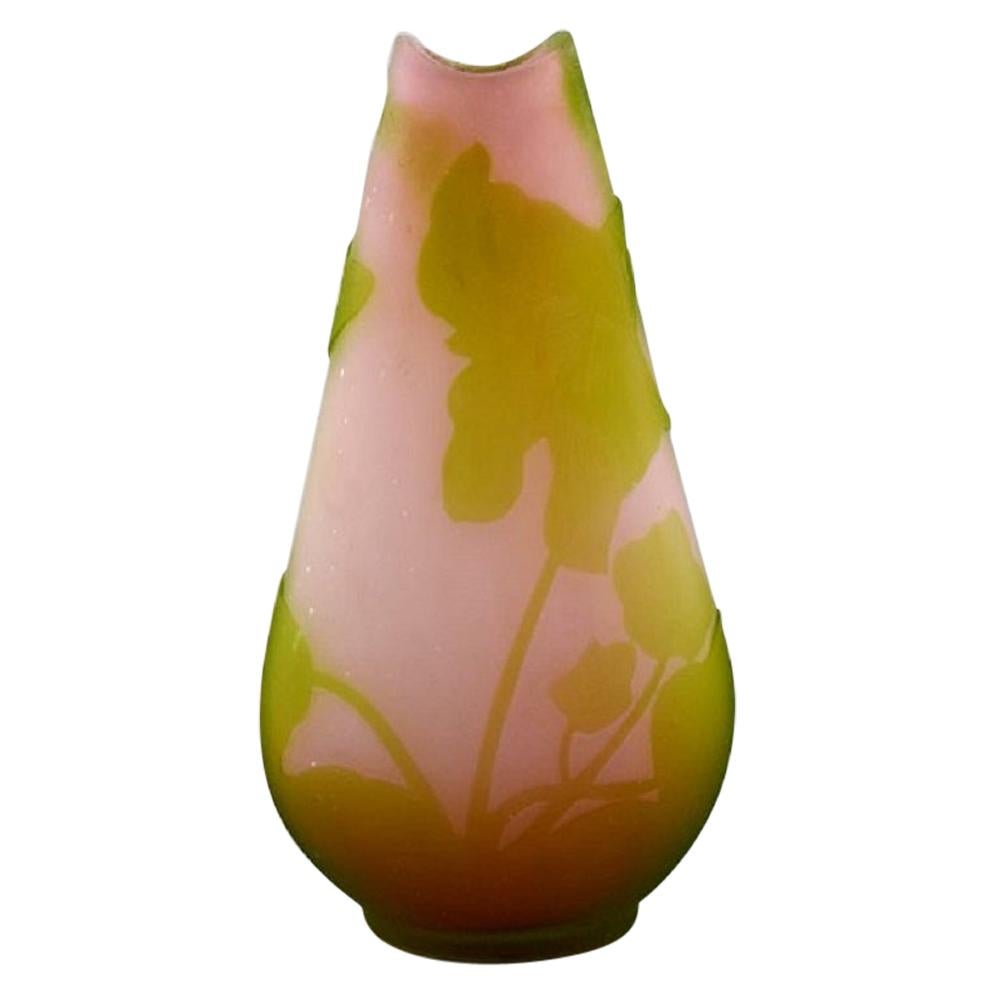 Antique Emile Gallé vase in pink frosted and green art glass, Early 20th C.