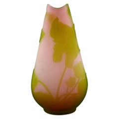 Antique Emile Gallé vase in pink frosted and green art glass, Early 20th C.