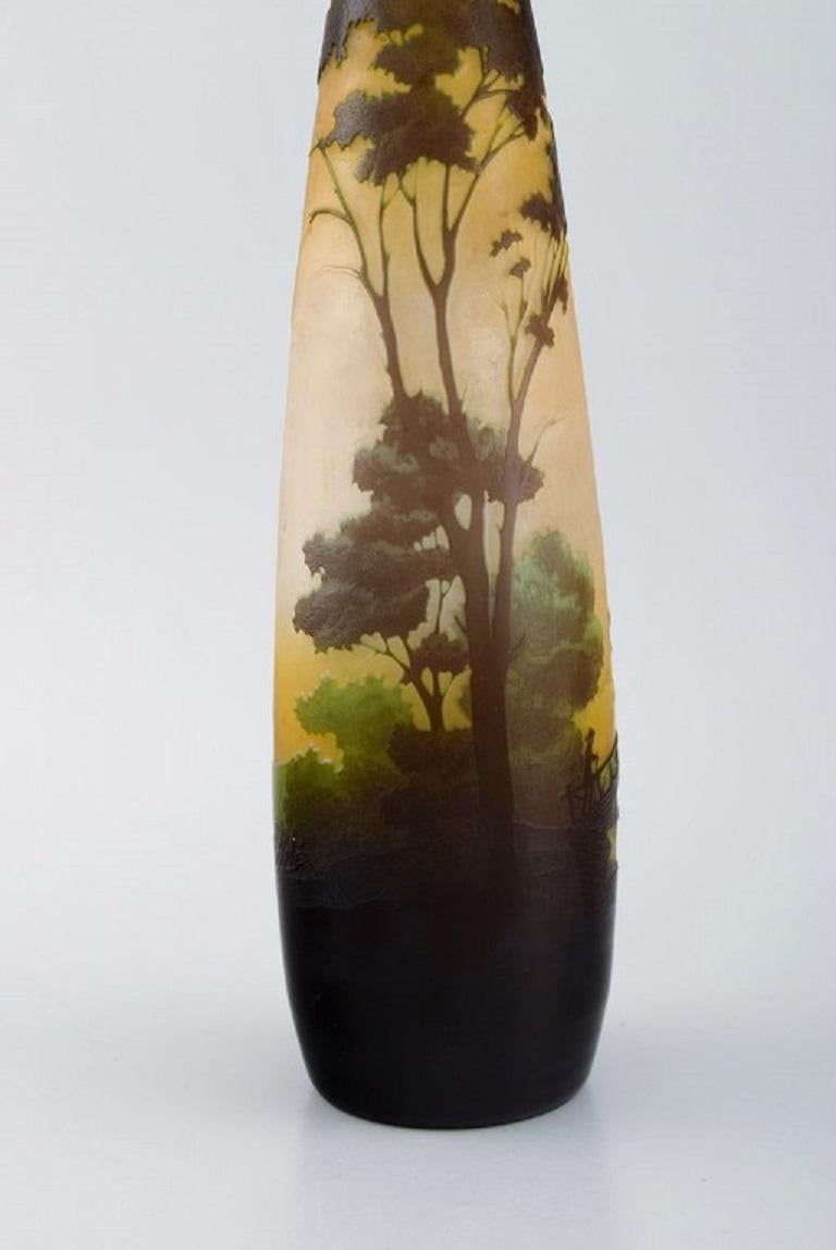 Art Nouveau Antique Emile Gallé Vase in Yellow Frosted and Dark Art Glass, Early 20th C.