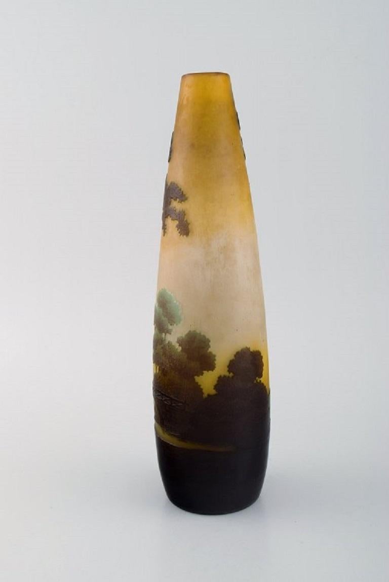 French Antique Emile Gallé Vase in Yellow Frosted and Dark Art Glass, Early 20th C.