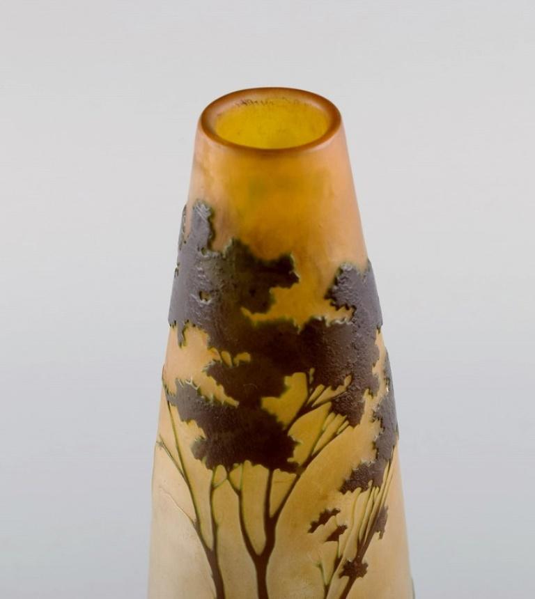 French Antique Emile Gallé Vase in Yellow Frosted and Dark Art Glass, Early 20th C. For Sale