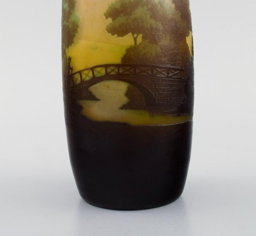 Etched Antique Emile Gallé Vase in Yellow Frosted and Dark Art Glass, Early 20th C. For Sale