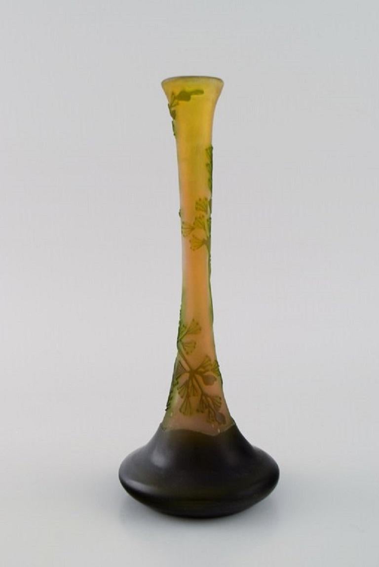 Art Nouveau Antique Emile Gallé Vase in Yellow Frosted and Green Art Glass, Early 20th C For Sale