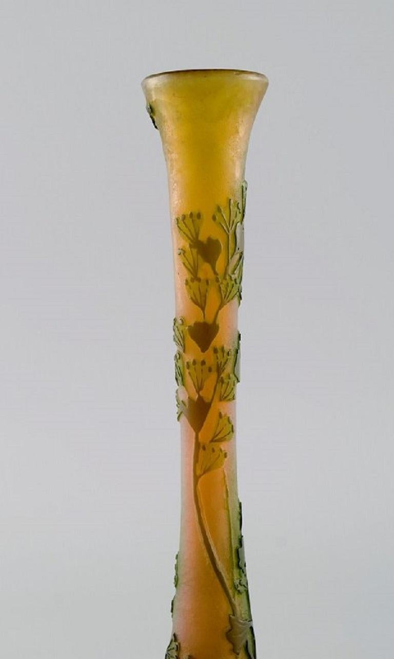 Etched Antique Emile Gallé Vase in Yellow Frosted and Green Art Glass, Early 20th C For Sale