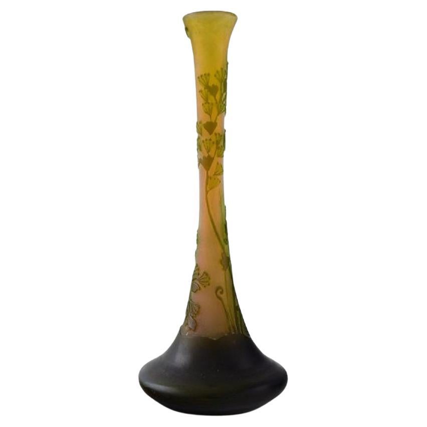 Antique Emile Gallé Vase in Yellow Frosted and Green Art Glass, Early 20th C For Sale
