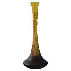 Antique Emile Gallé Vase in Yellow Frosted and Green Art Glass, Early 20th C