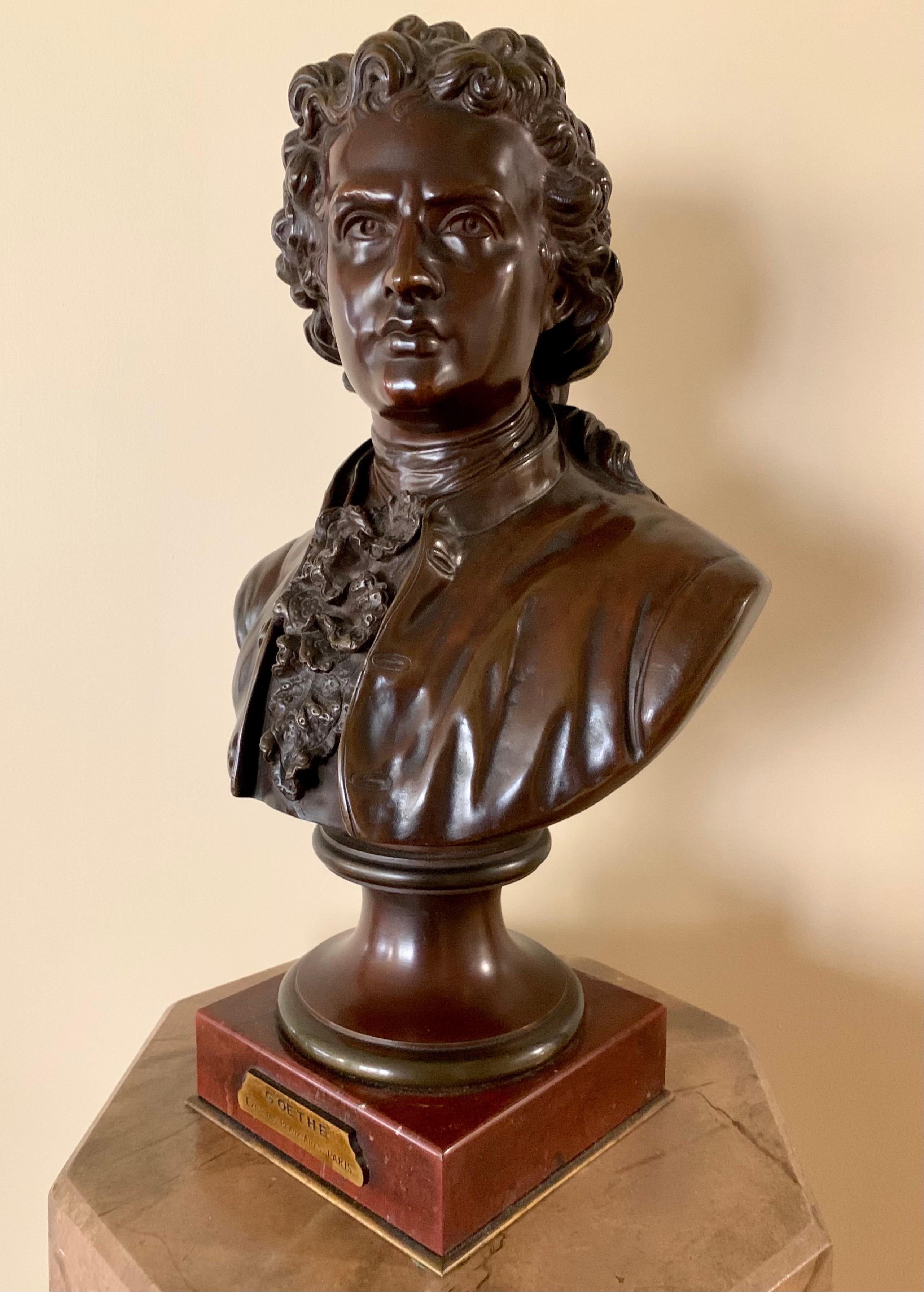 Large antique patinated bronze bust of Goethe, signed Pinedo, Exposition des Beaux Arts Paris 
Original Rouge Griote marble plinth with period Exposition plaque
Emile Pinedo, 1840-1916, was a highly regarded French sculptor specializing in
