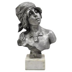 Antike Emmanuel Villanis „Saida“ Zinnbeschichtete weibliche Büste-Skulptur-Statue aus Zinn