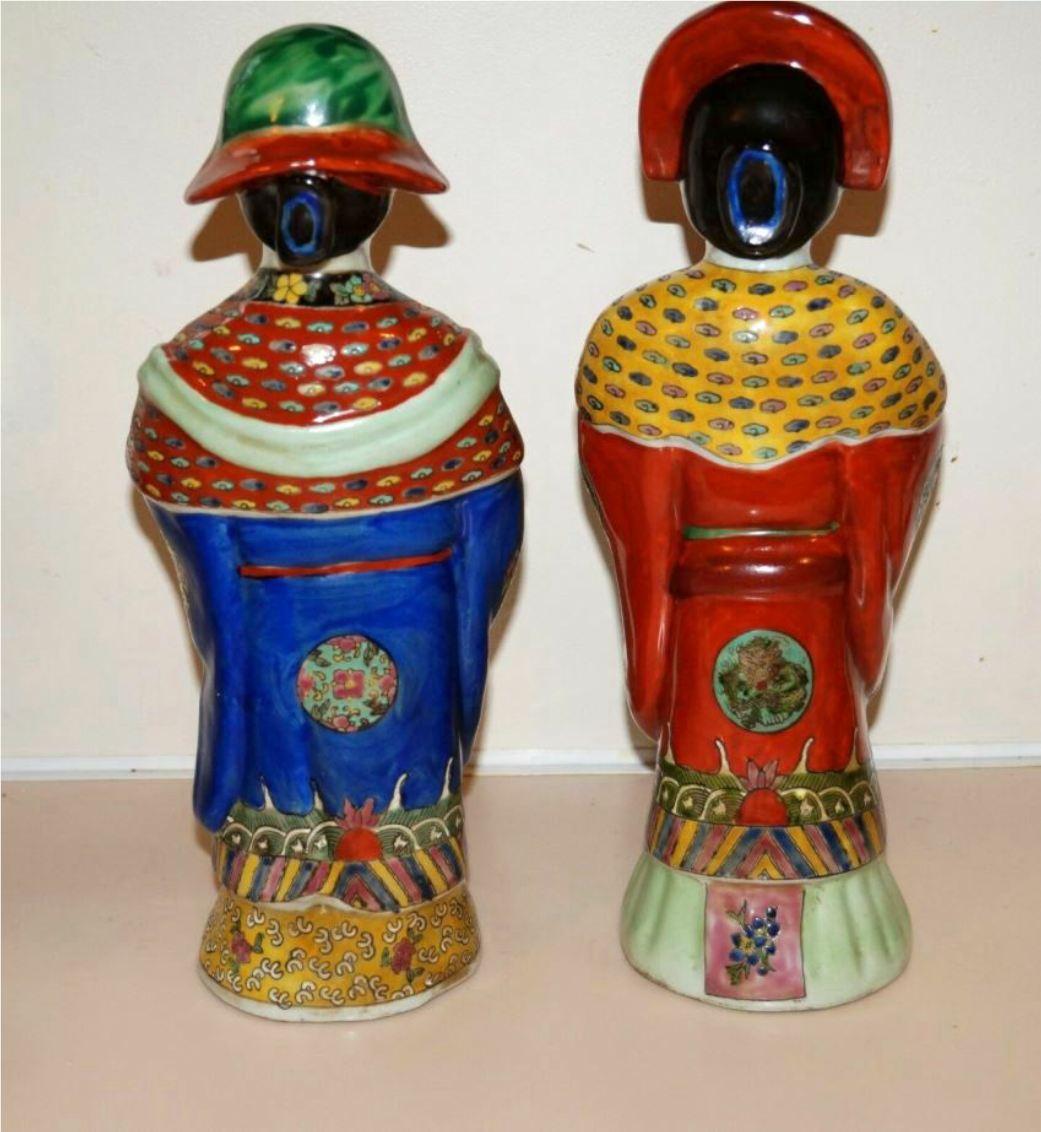 Pair Antique Emperor & Empress Figure Figurine Statue Hand Painted Qing Dynasty For Sale 2