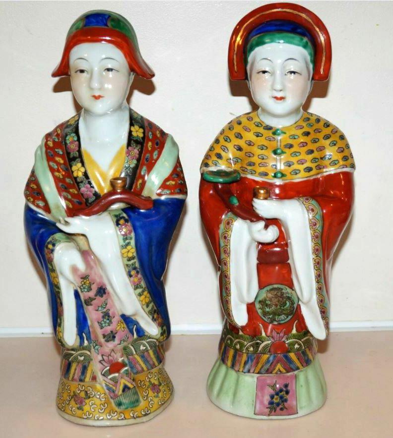 Sold as a Pair. Antique emperor and empress figure figurine statue hand \painted 12.5