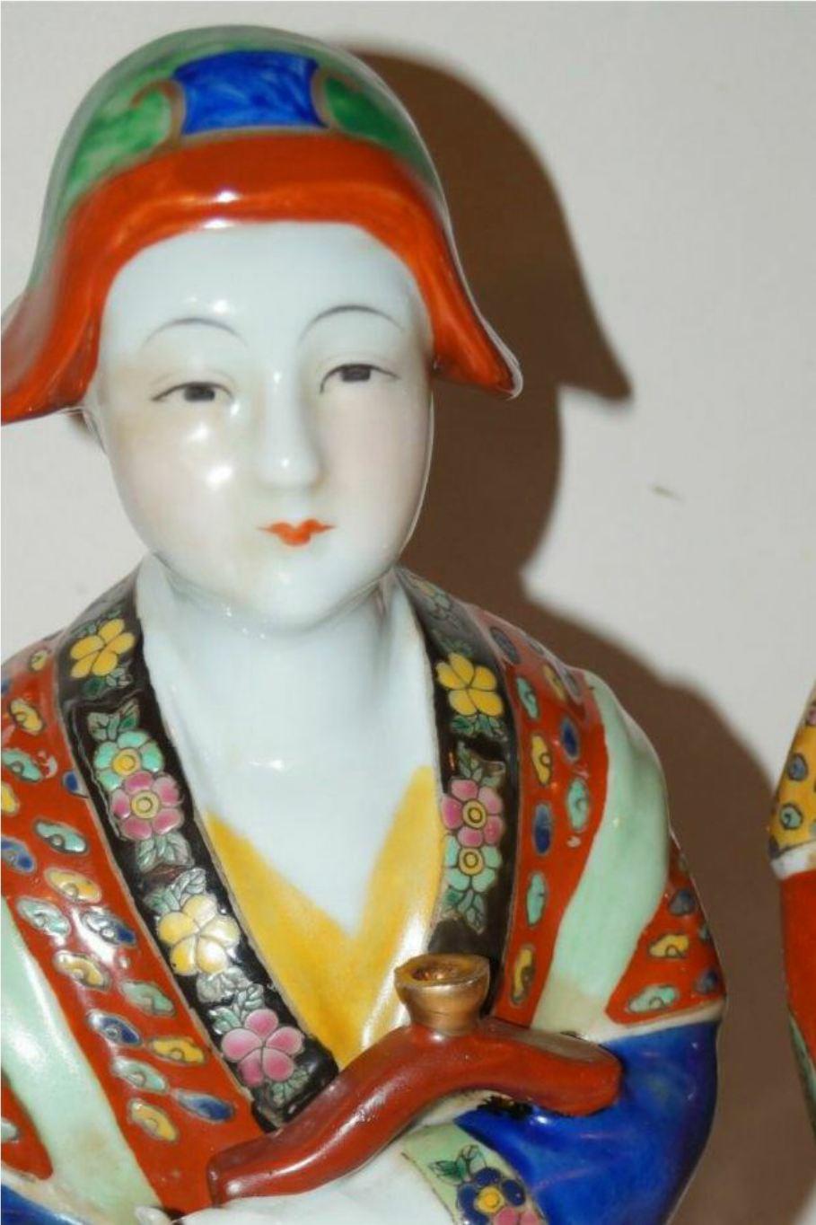 Pair Antique Emperor & Empress Figure Figurine Statue Hand Painted Qing Dynasty In Good Condition For Sale In Wayne, NJ
