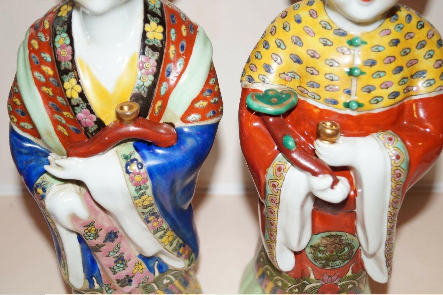 Early 20th Century Pair Antique Emperor & Empress Figure Figurine Statue Hand Painted Qing Dynasty For Sale
