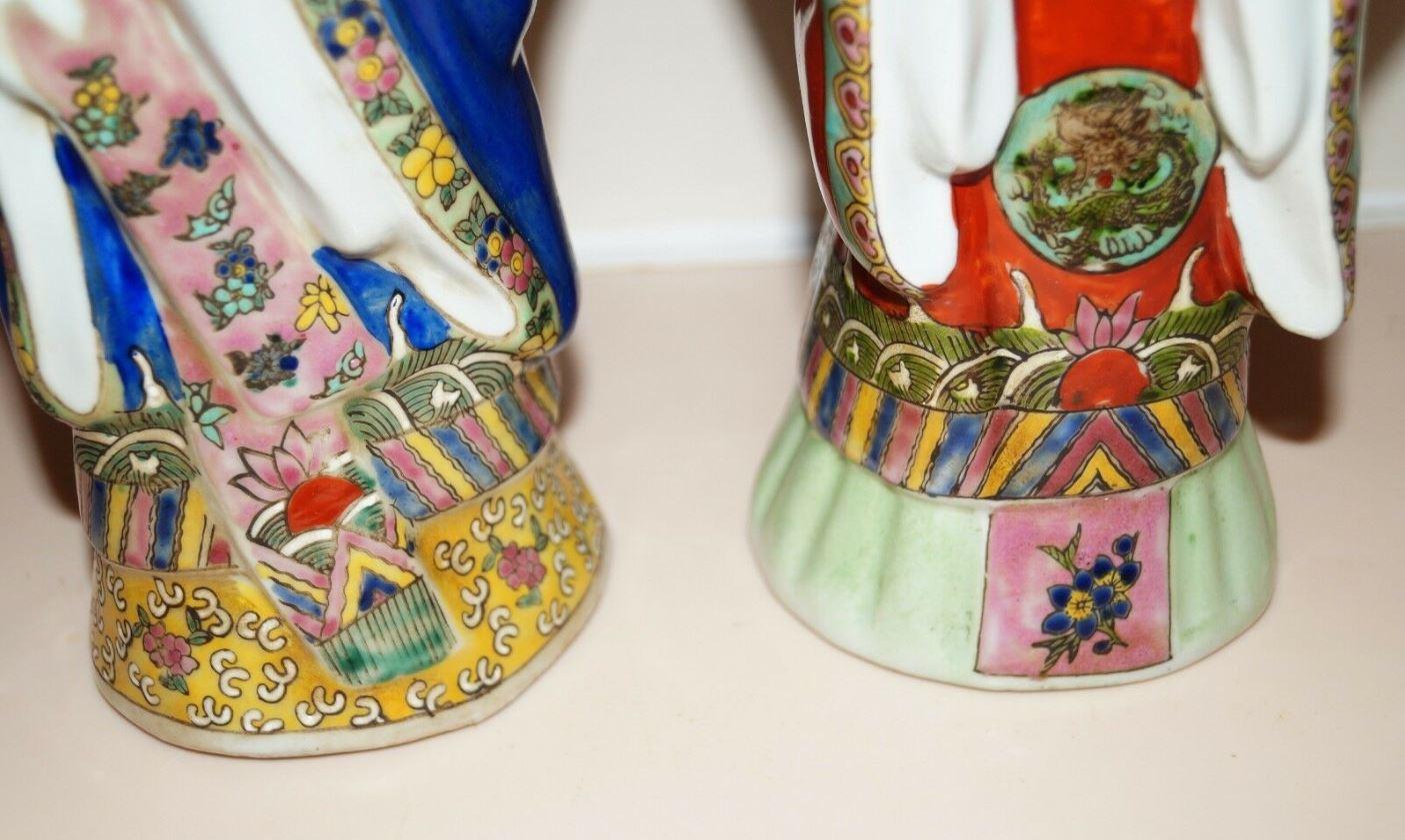 Ceramic Pair Antique Emperor & Empress Figure Figurine Statue Hand Painted Qing Dynasty For Sale
