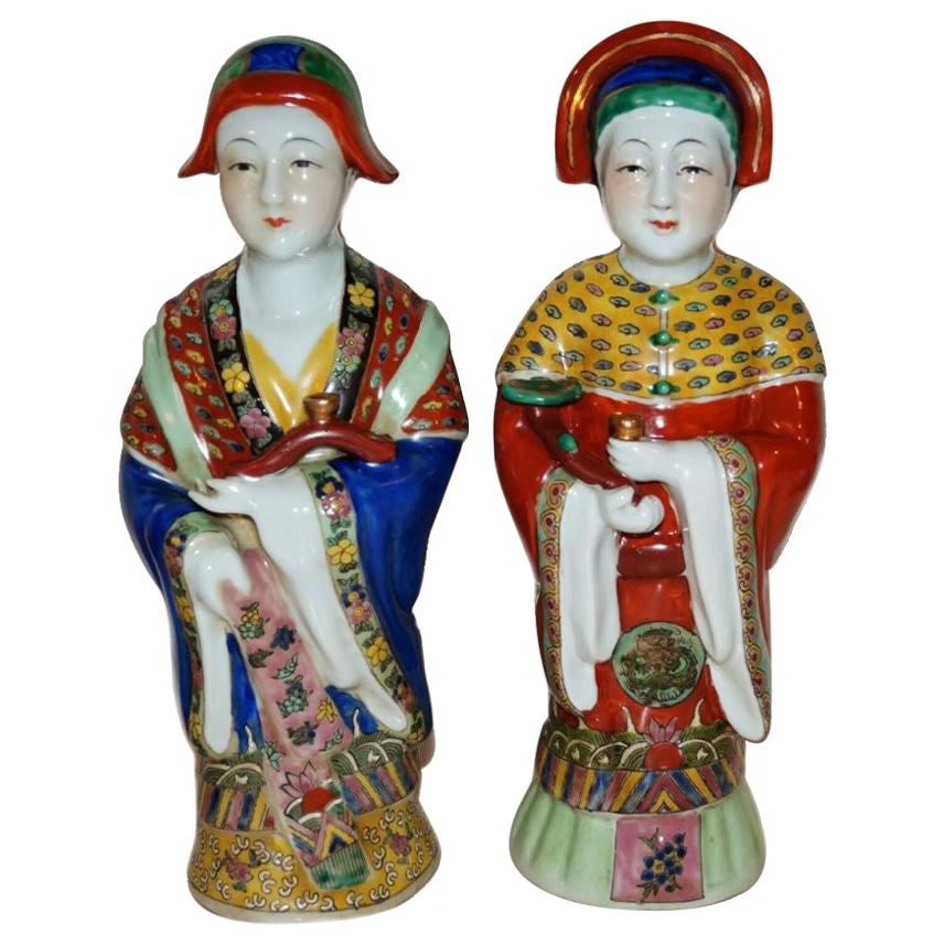 Pair Antique Emperor & Empress Figure Figurine Statue Hand Painted Qing Dynasty For Sale