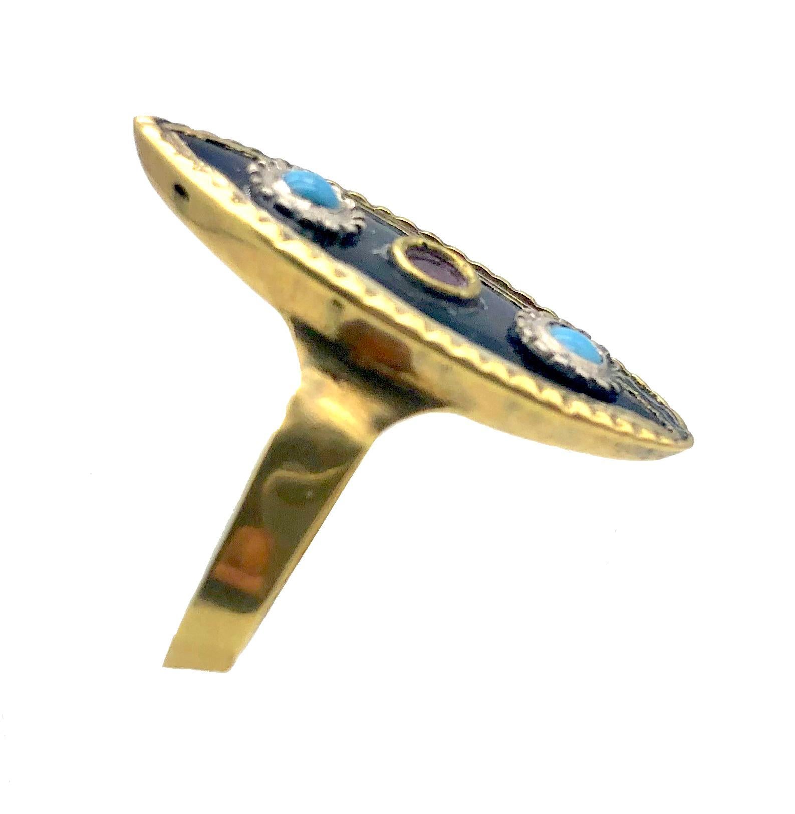 Cabochon Antique Empire 10 Karat Rwed and Yellow Gold Ring Enamel Black Turquoise Paste For Sale