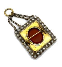 Antique Empire 1800 Yellow Gold Pendant Brooch Agate Cameo Natural Pearls