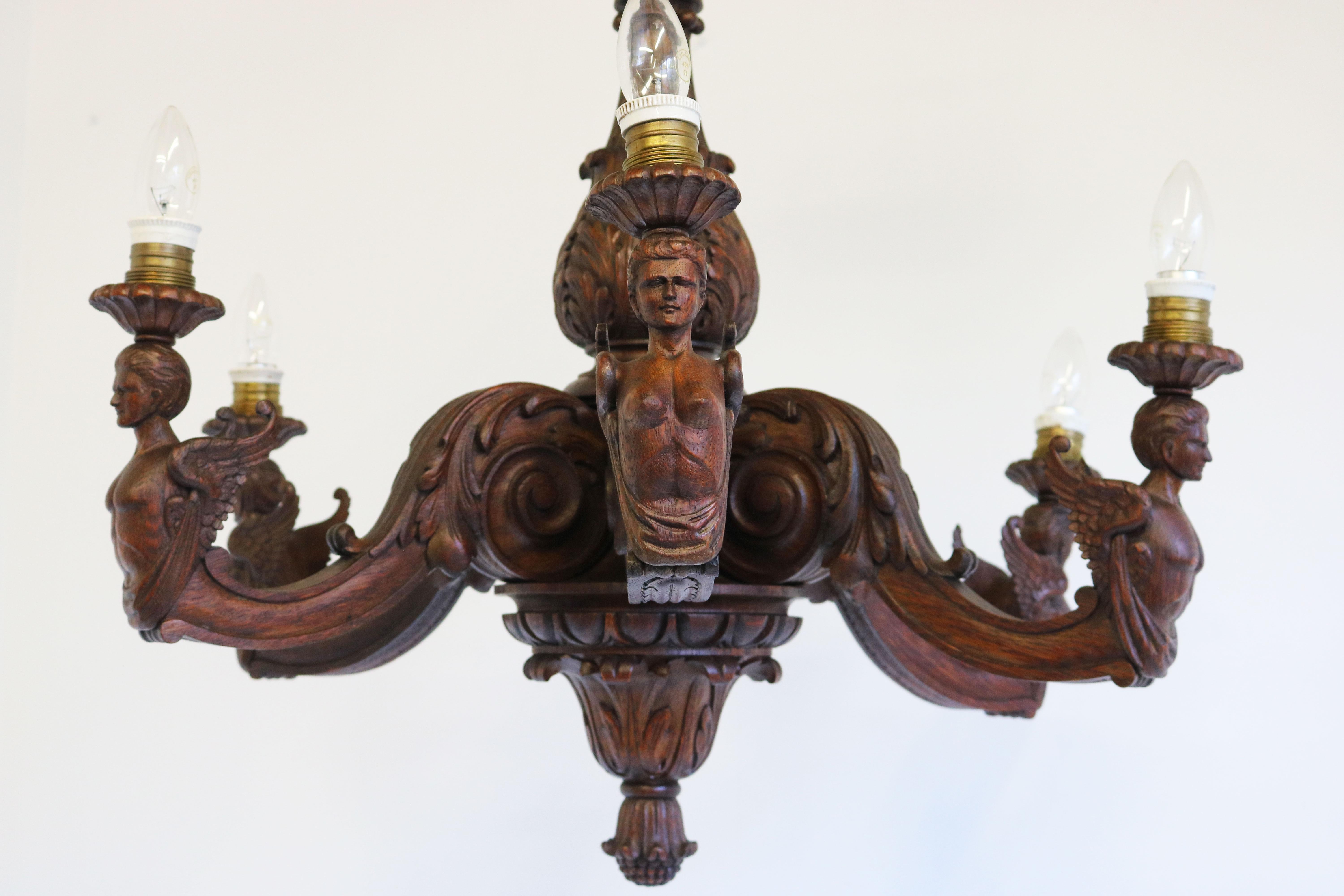 Antique Empire 19th Century Wood Carved Chandelier France Solid Oak 6 Lights For Sale 3
