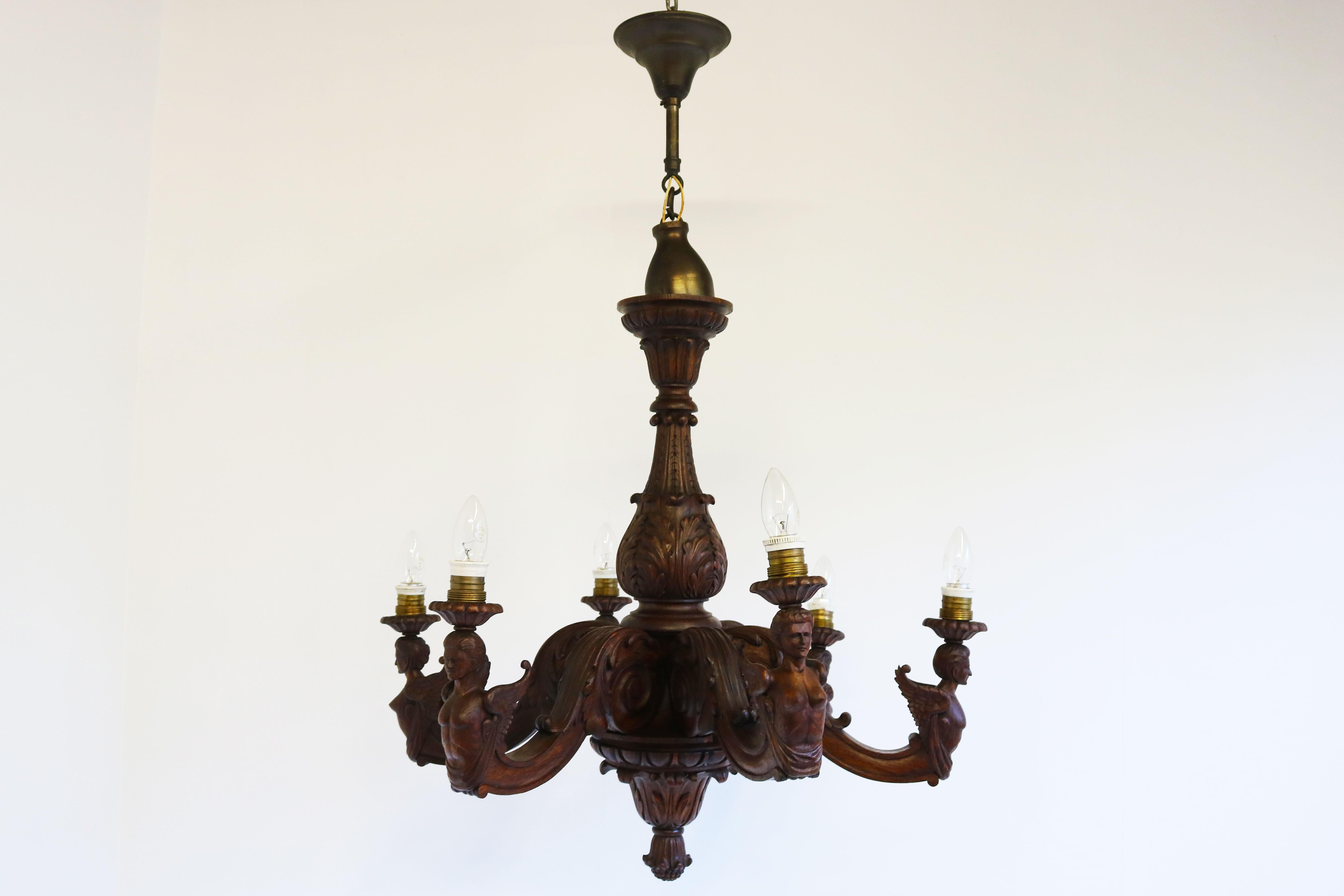 Antique Empire 19th Century Wood Carved Chandelier France Solid Oak 6 Lights For Sale 4