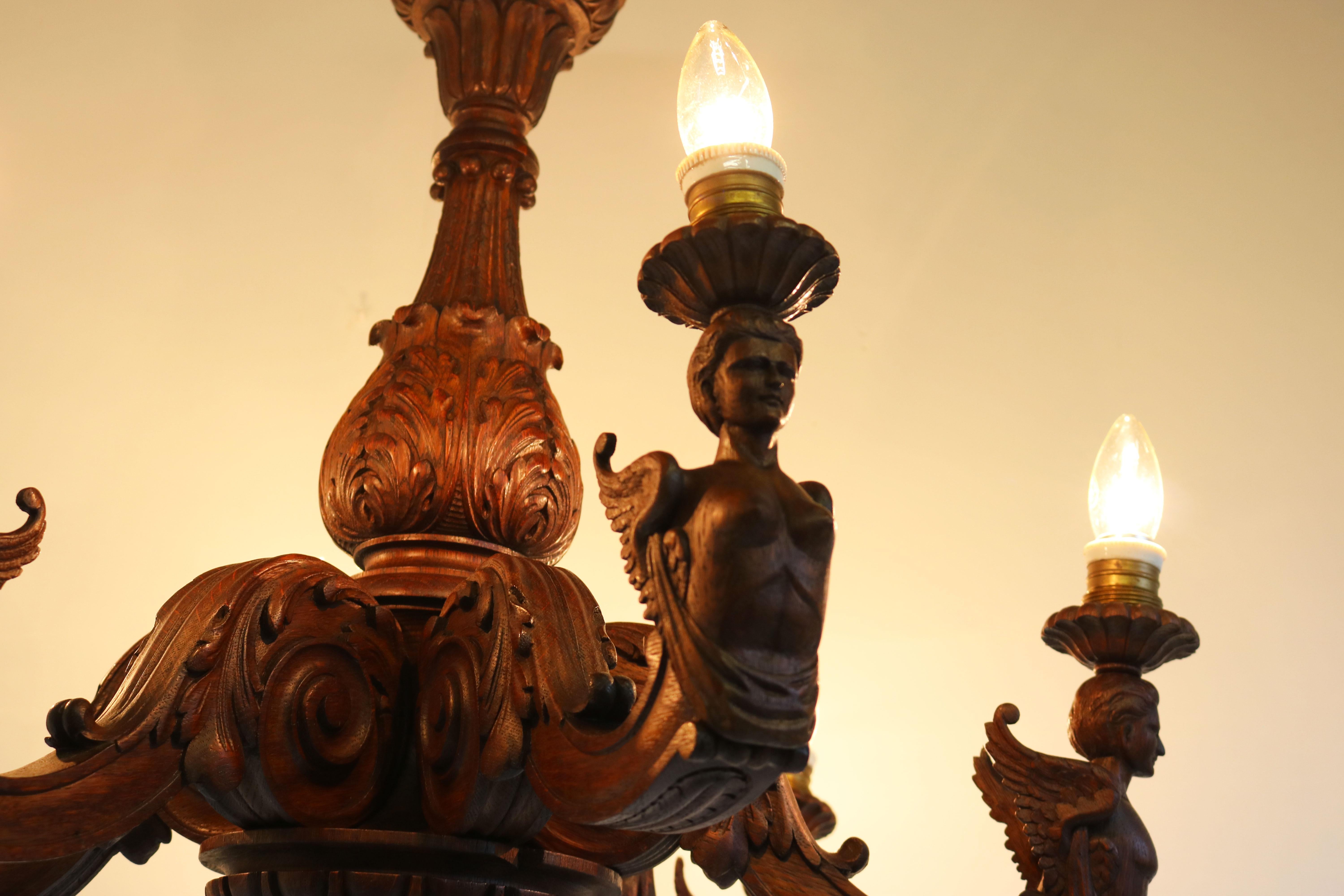 French Antique Empire 19th Century Wood Carved Chandelier France Solid Oak 6 Lights For Sale