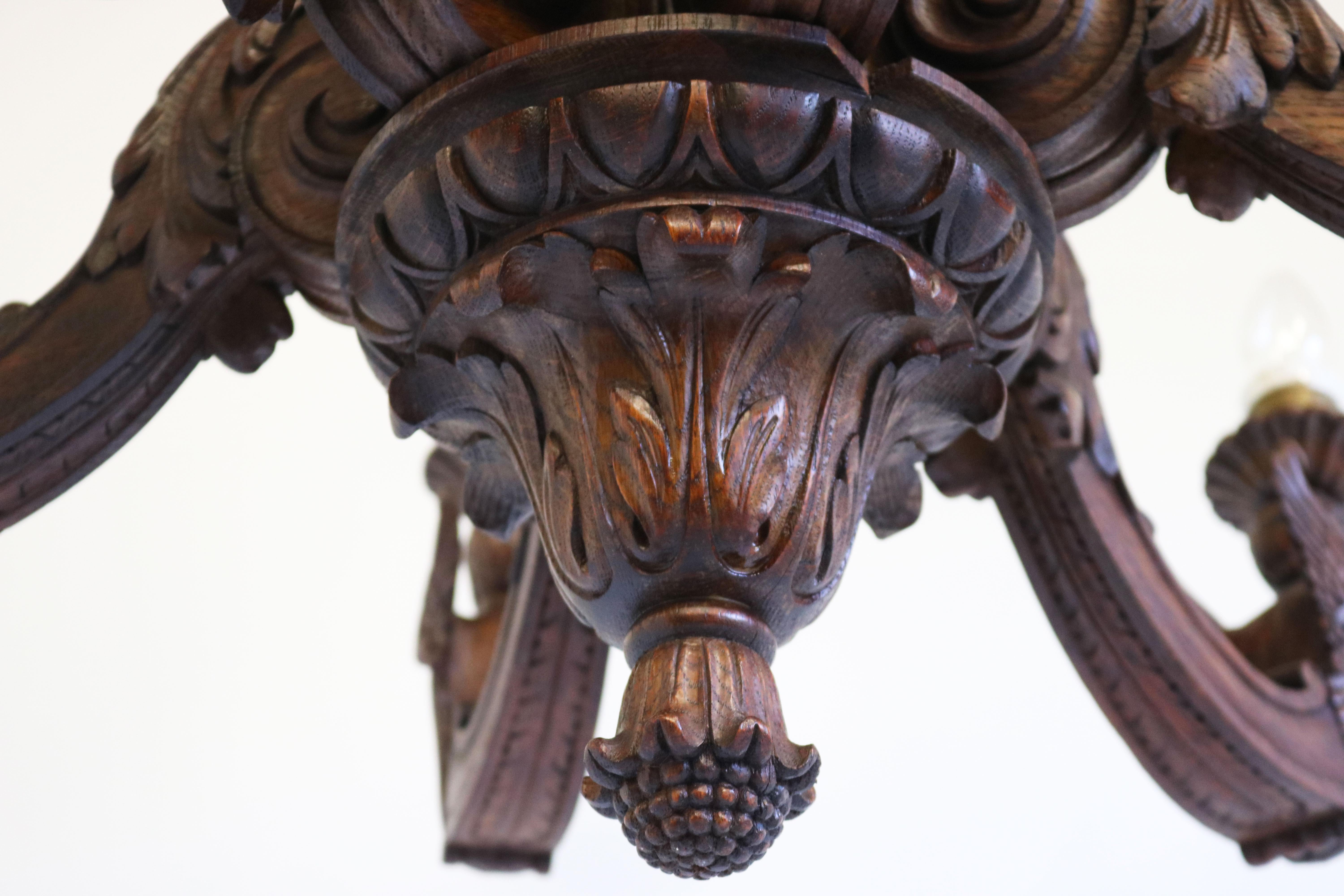 Hand-Carved Antique Empire 19th Century Wood Carved Chandelier France Solid Oak 6 Lights For Sale