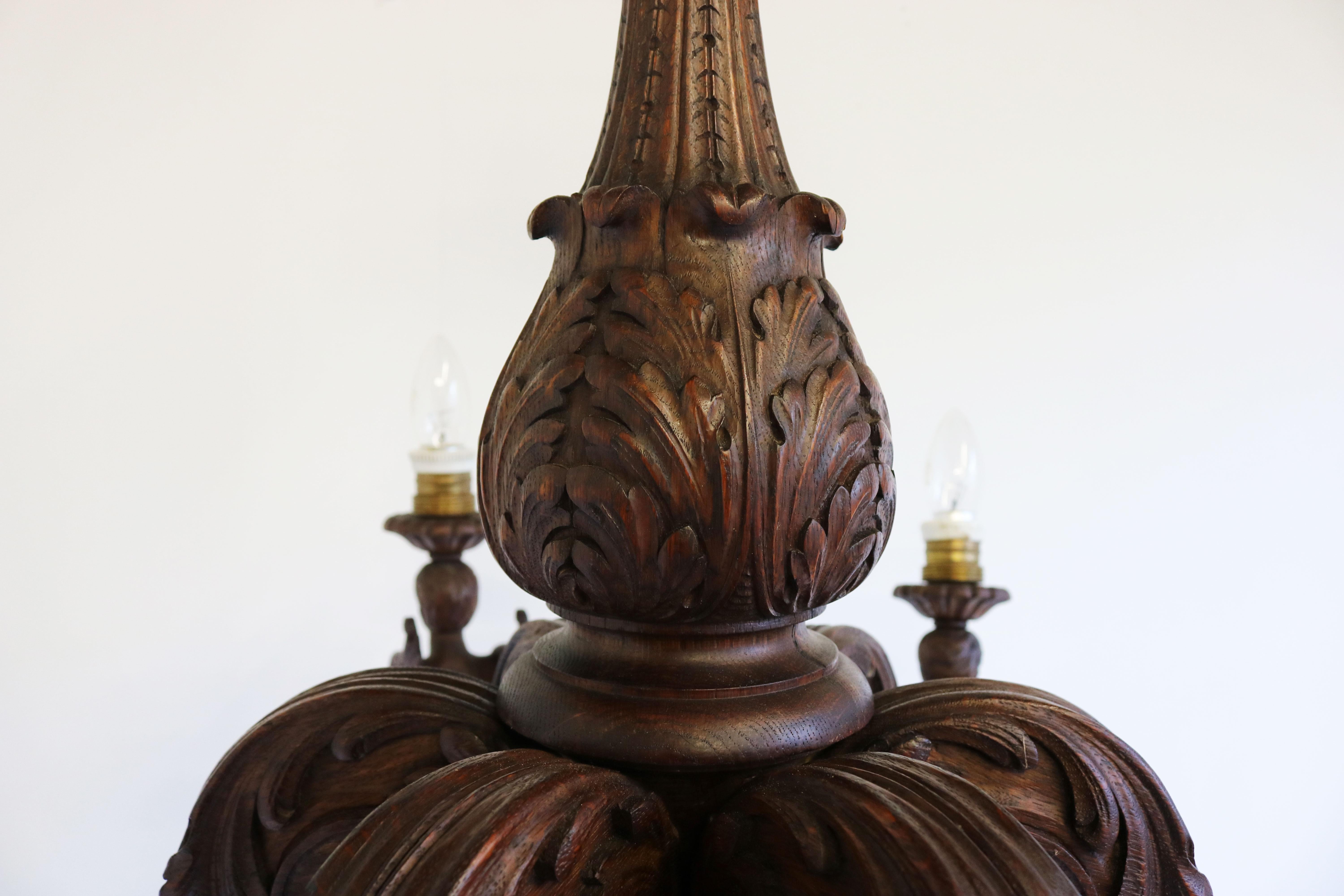 Antique Empire 19th Century Wood Carved Chandelier France Solid Oak 6 Lights In Good Condition For Sale In Ijzendijke, NL