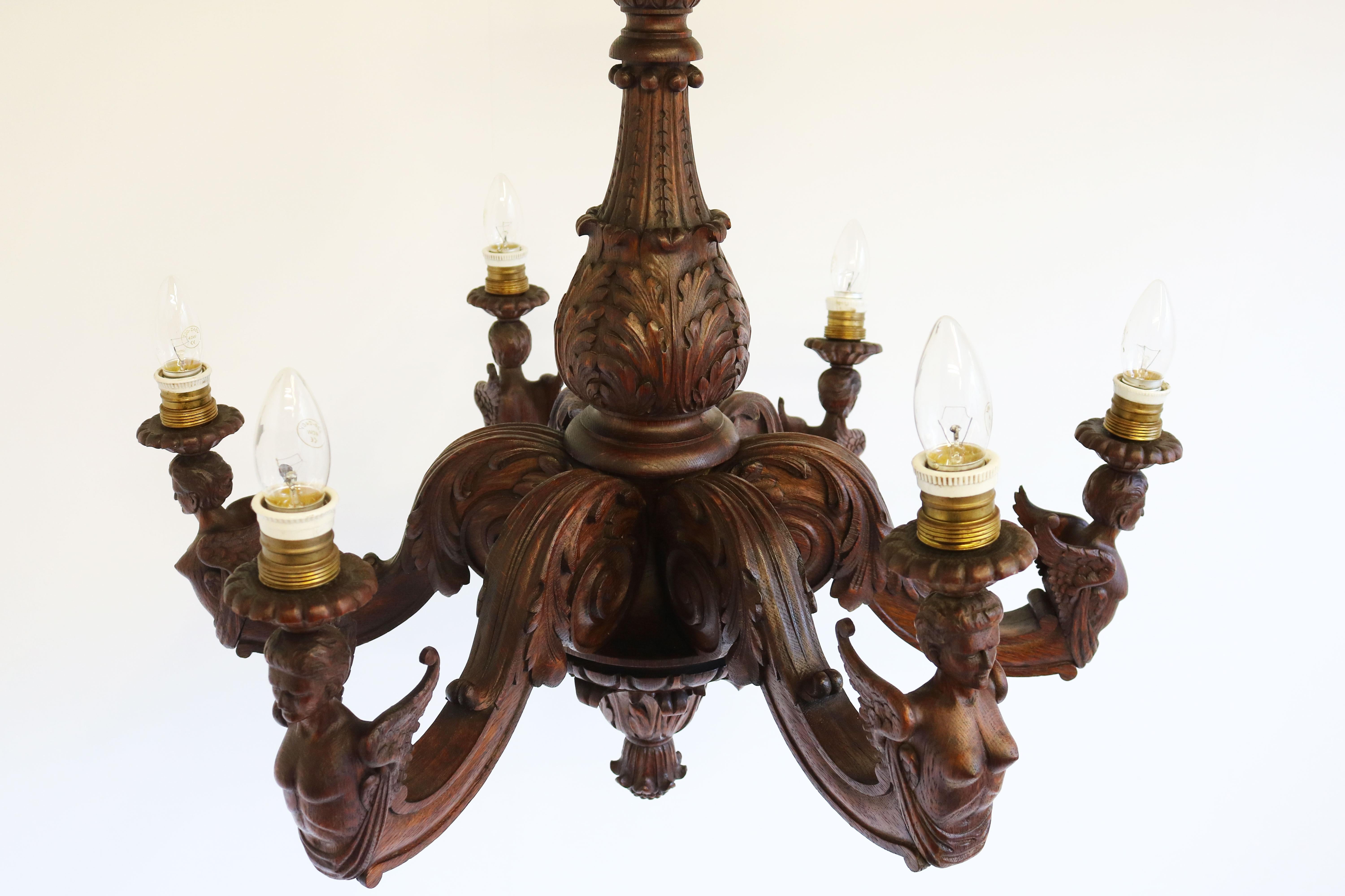 Antique Empire 19th Century Wood Carved Chandelier France Solid Oak 6 Lights For Sale 1