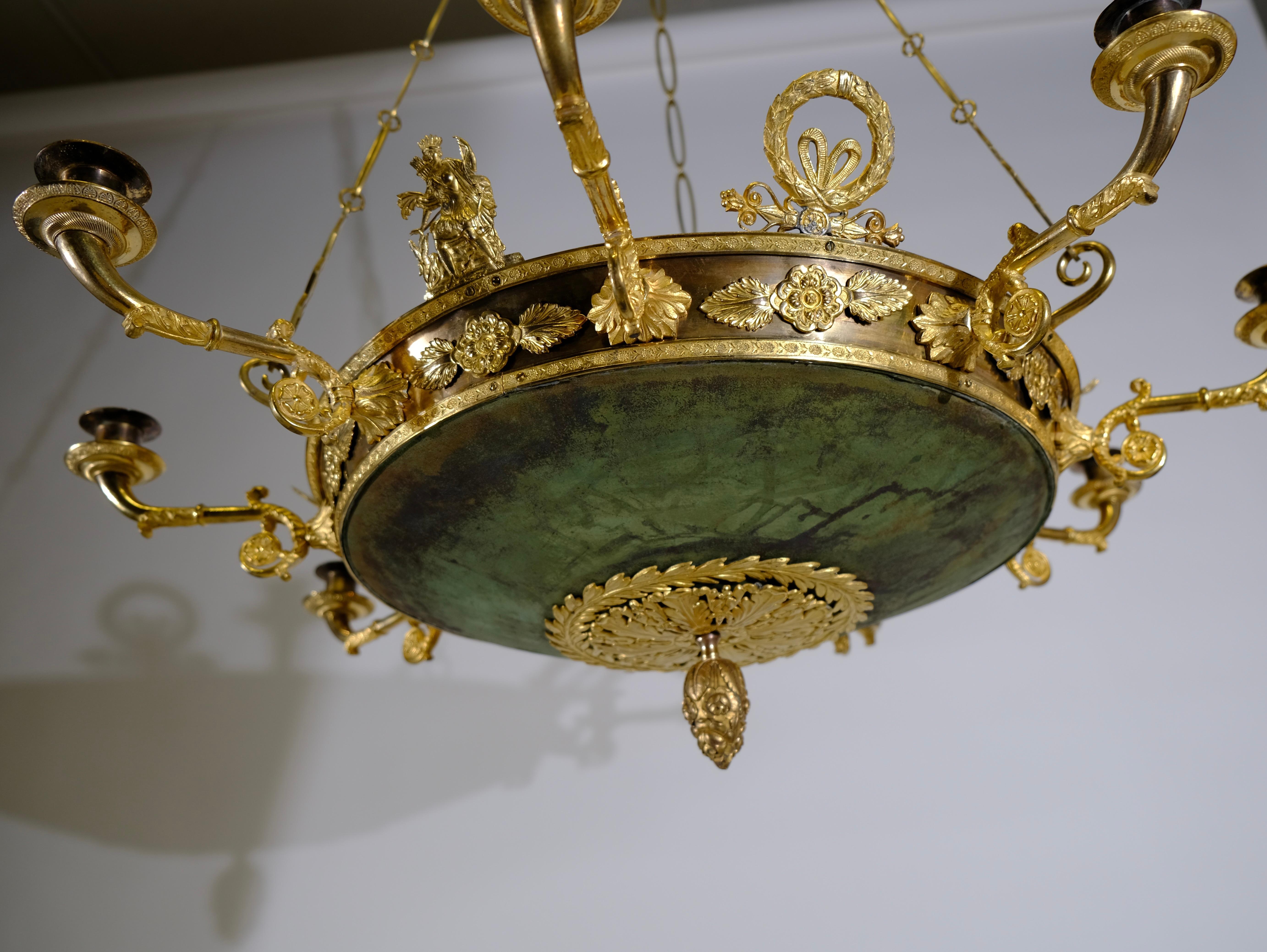 Brass Antique Empire 9 Light Chandelier, Made circa 1820 For Sale