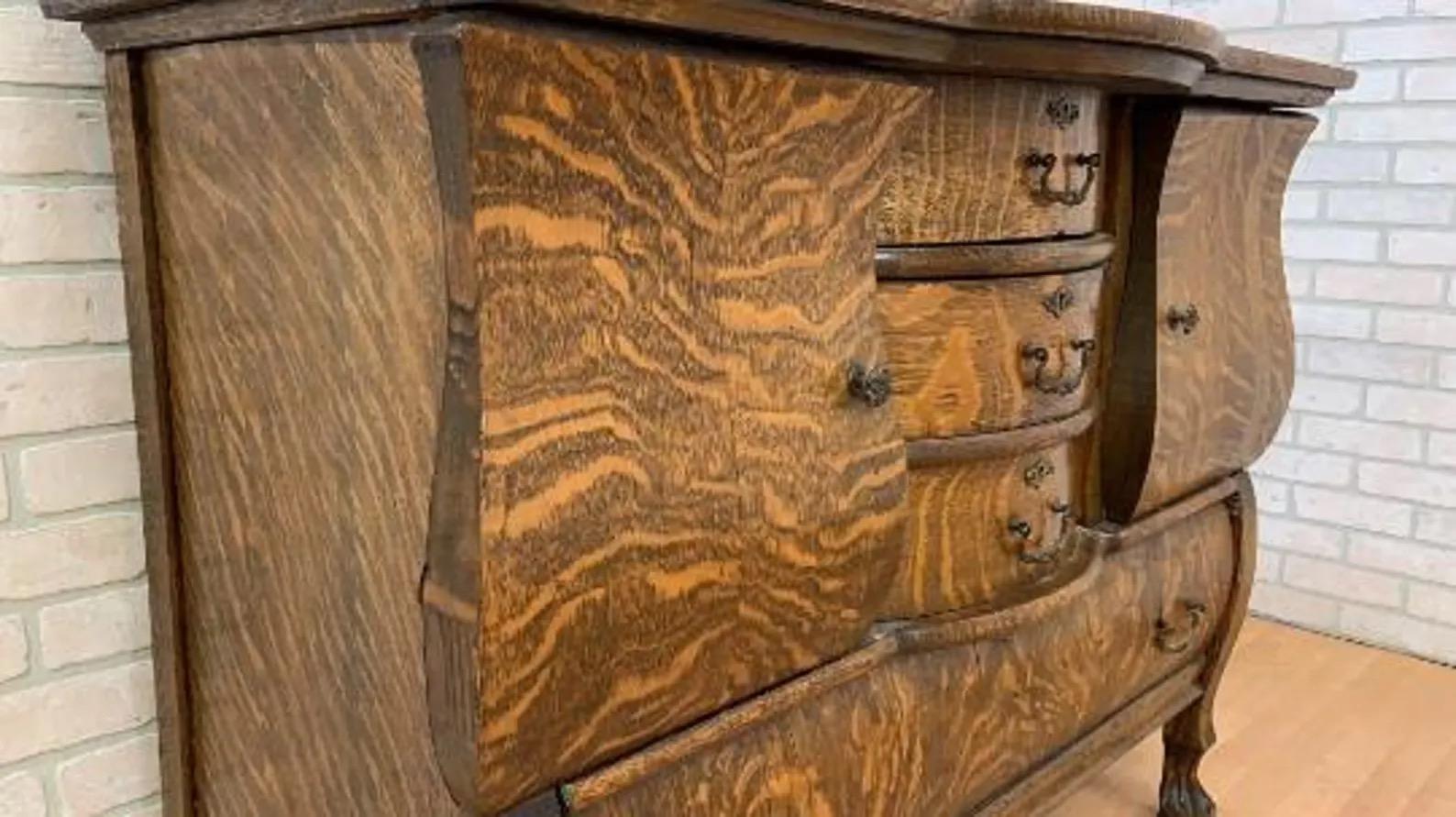 20th Century Antique Empire Antique Quarter Sawn Oak Buffet Sideboard Bar Cabinet with Mirror