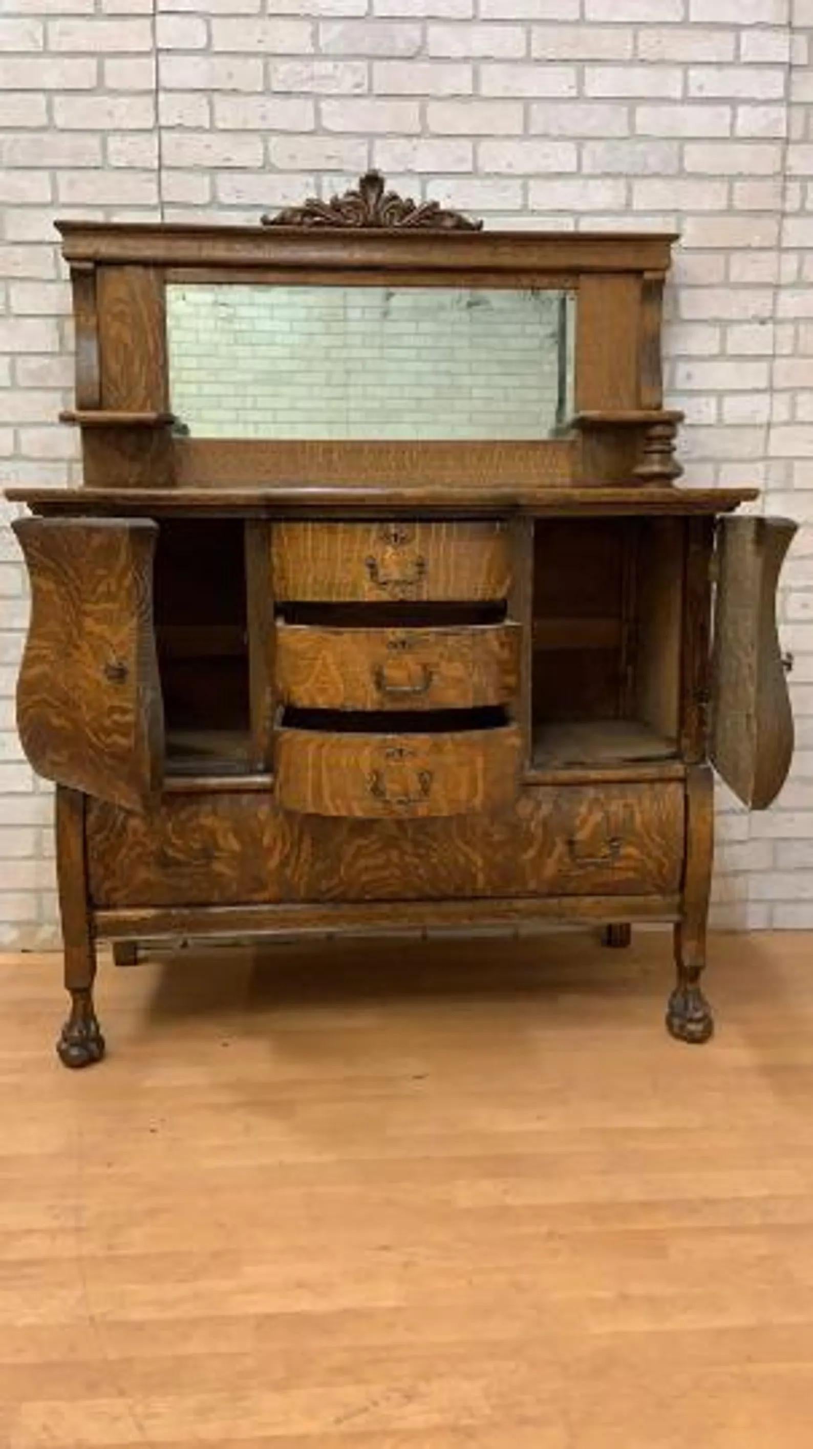 Antique Empire Antique Quarter Sawn Oak Buffet Sideboard Bar Cabinet with Mirror 3