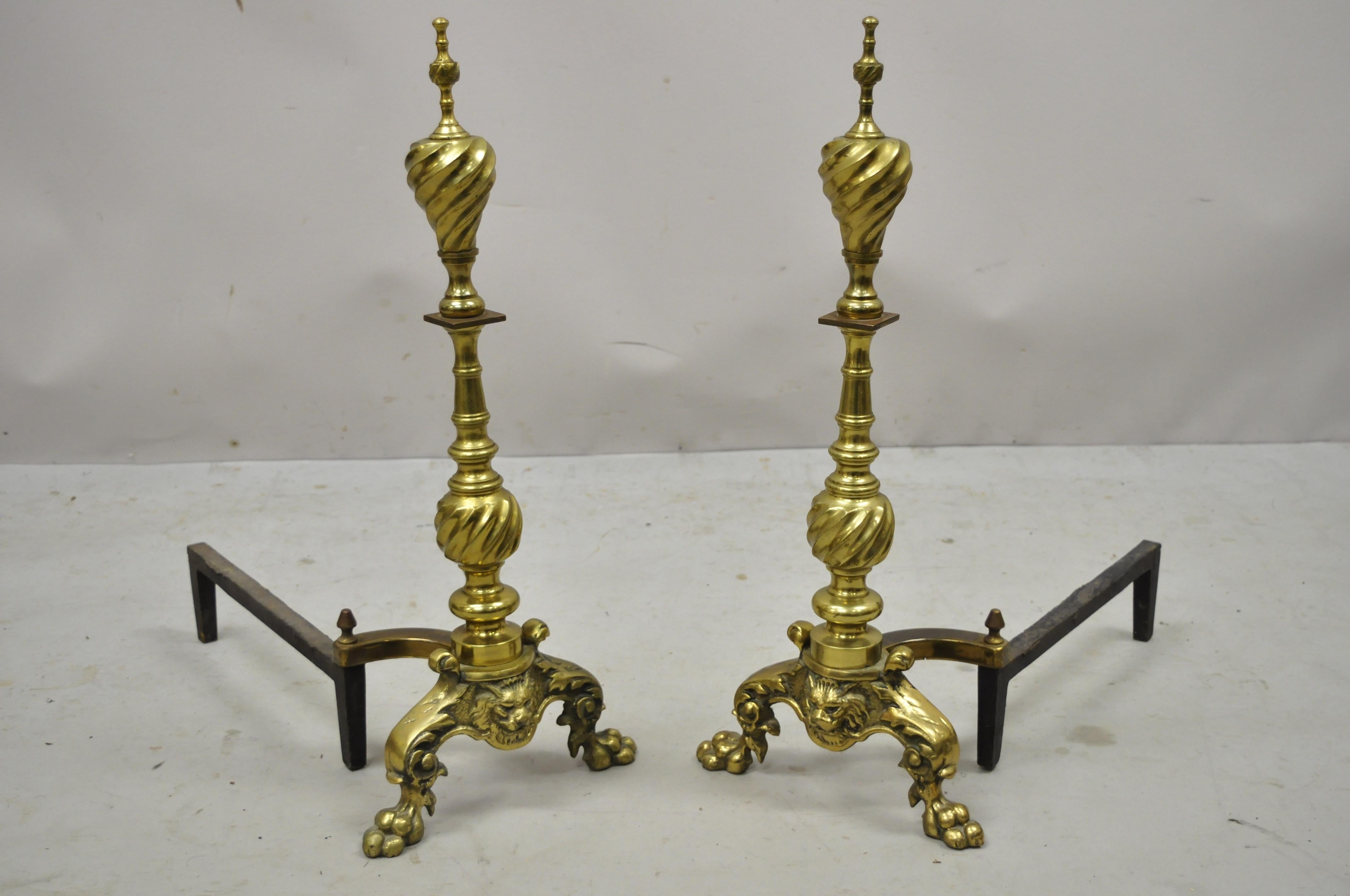 Antique Empire Brass Cast Iron Lion Head Spiral Twist Paw Feet Andirons, a Pair For Sale 4