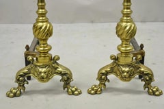 Antique Empire Brass Cast Iron Lion Head Spiral Twist Paw Feet Andirons - a Pair