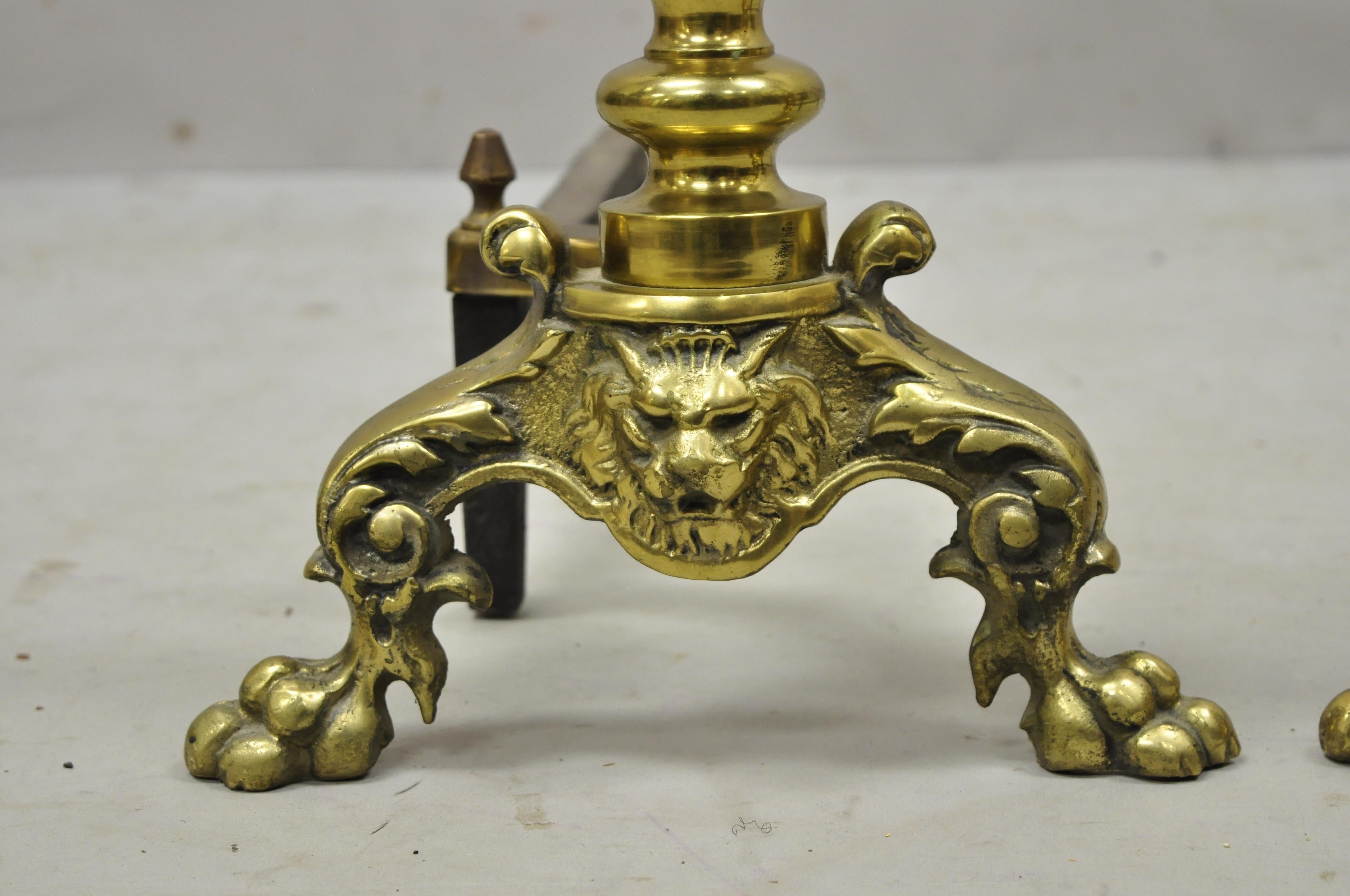 English Antique Empire Brass Cast Iron Lion Head Spiral Twist Paw Feet Andirons, a Pair For Sale
