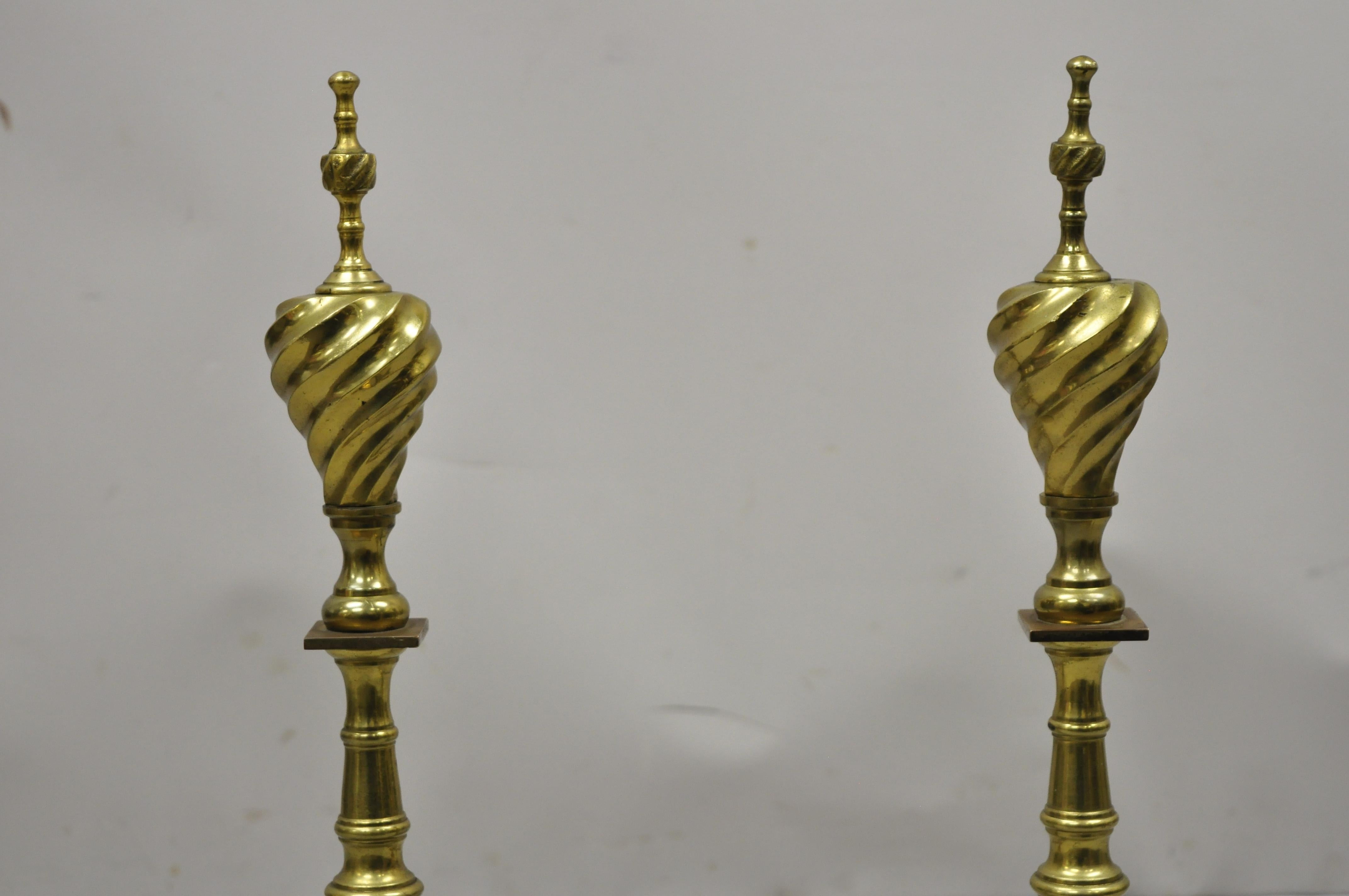 20th Century Antique Empire Brass Cast Iron Lion Head Spiral Twist Paw Feet Andirons, a Pair For Sale