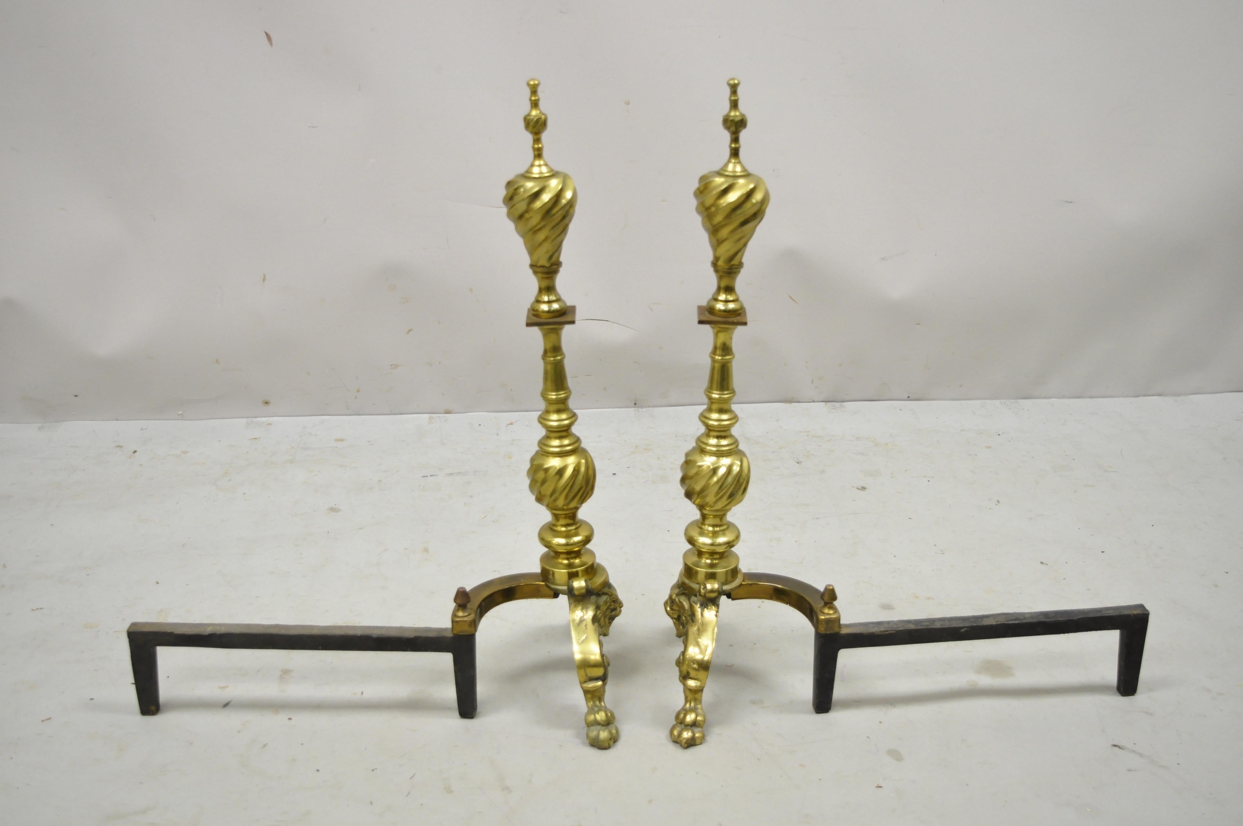 Antique Empire Brass Cast Iron Lion Head Spiral Twist Paw Feet Andirons, a Pair For Sale 1