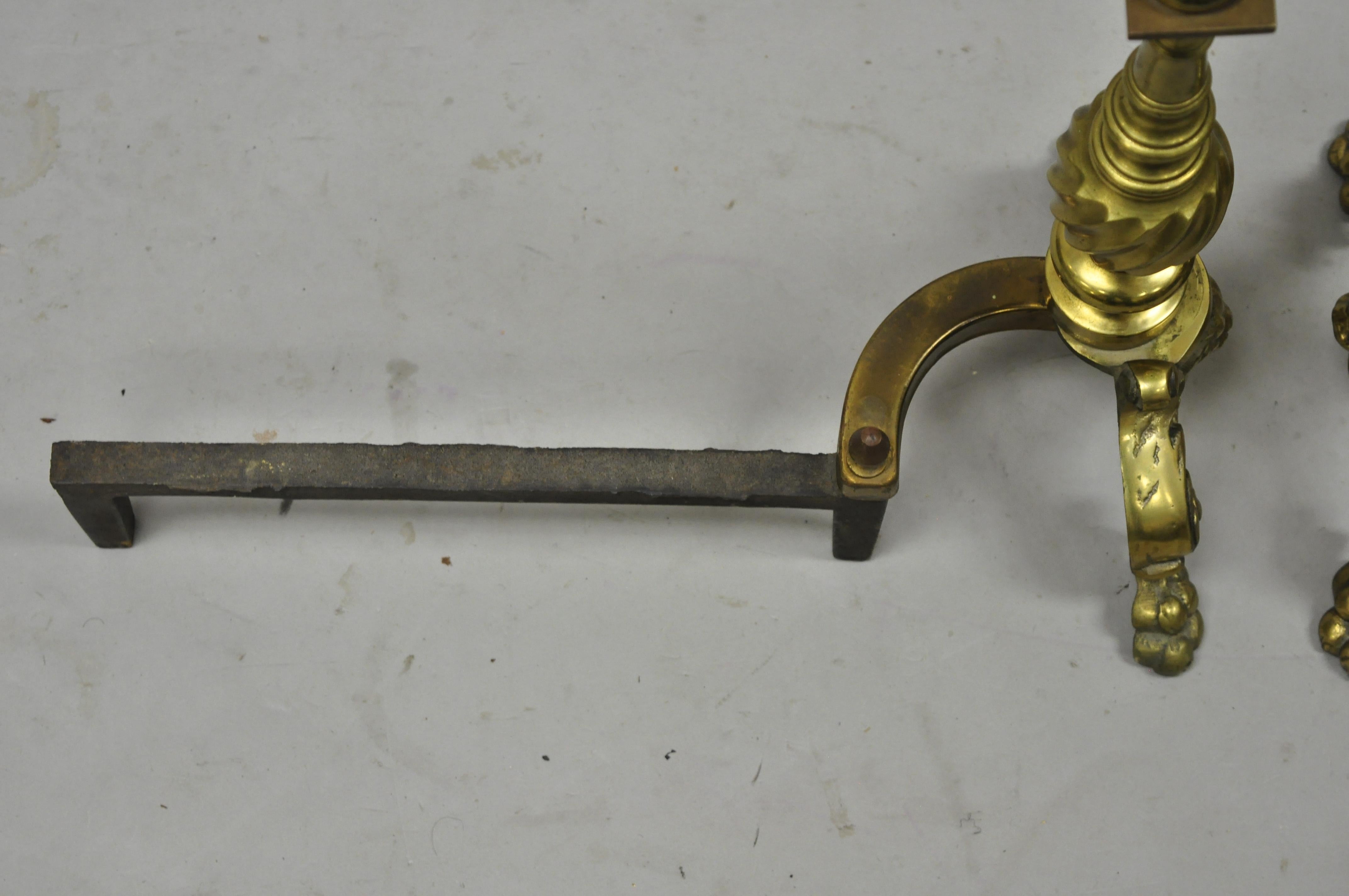 Antique Empire Brass Cast Iron Lion Head Spiral Twist Paw Feet Andirons, a Pair For Sale 2
